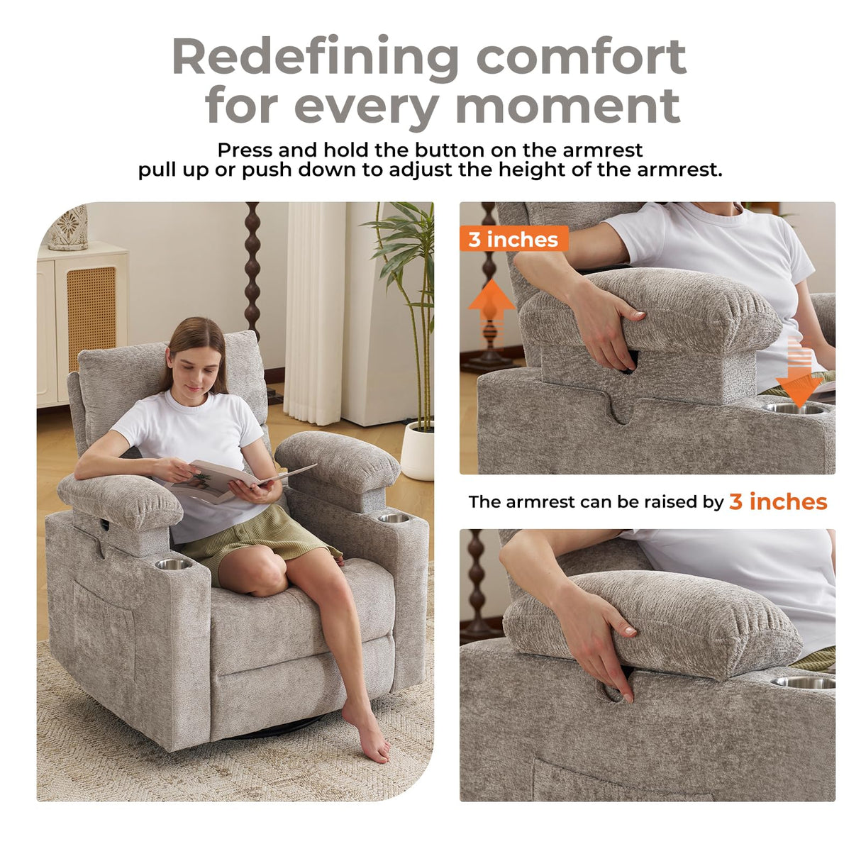 Oversized Power Recliner Chair Swivel Glider with Massage and Heat, Swivel Rocker Recliner with Adjustable Armrests, 26" Nursery Chair with Adjustable Headrest, Rocker Nursery Recliner, Light Grey Rhevoy