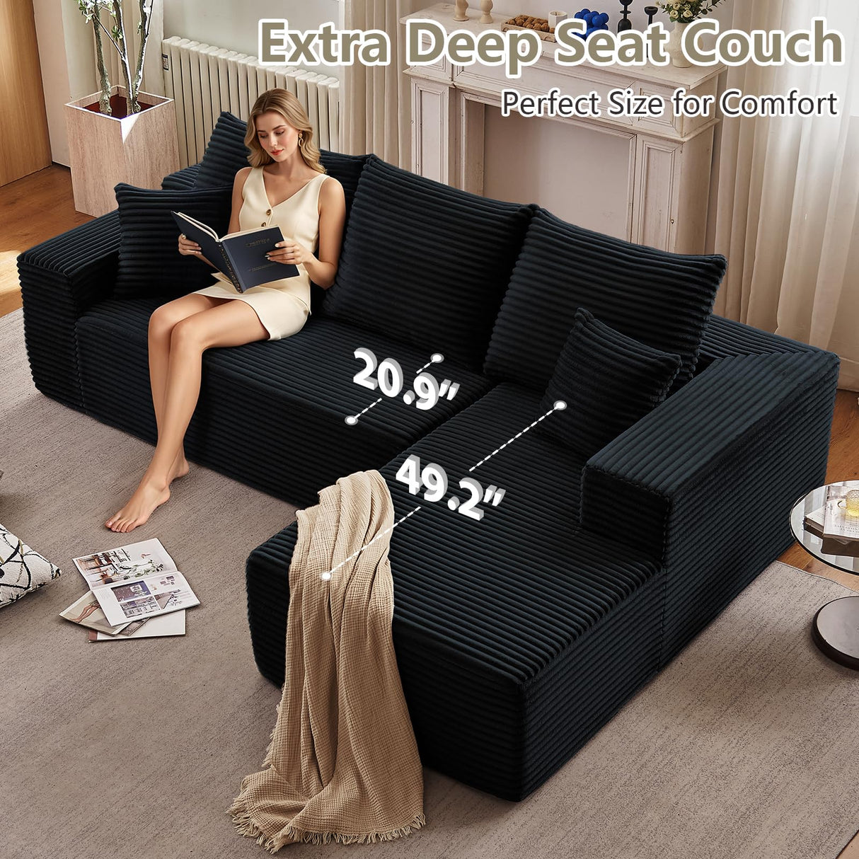 107" Modular Sectional Couches for Living Room, Comfy Boneless L Shaped Cloud Couch with Chaise Lounge, Modern Cozy Corduroy Deep Seat Floor Sofa, Memory Foam, No Assembly Required, Black Lakifun