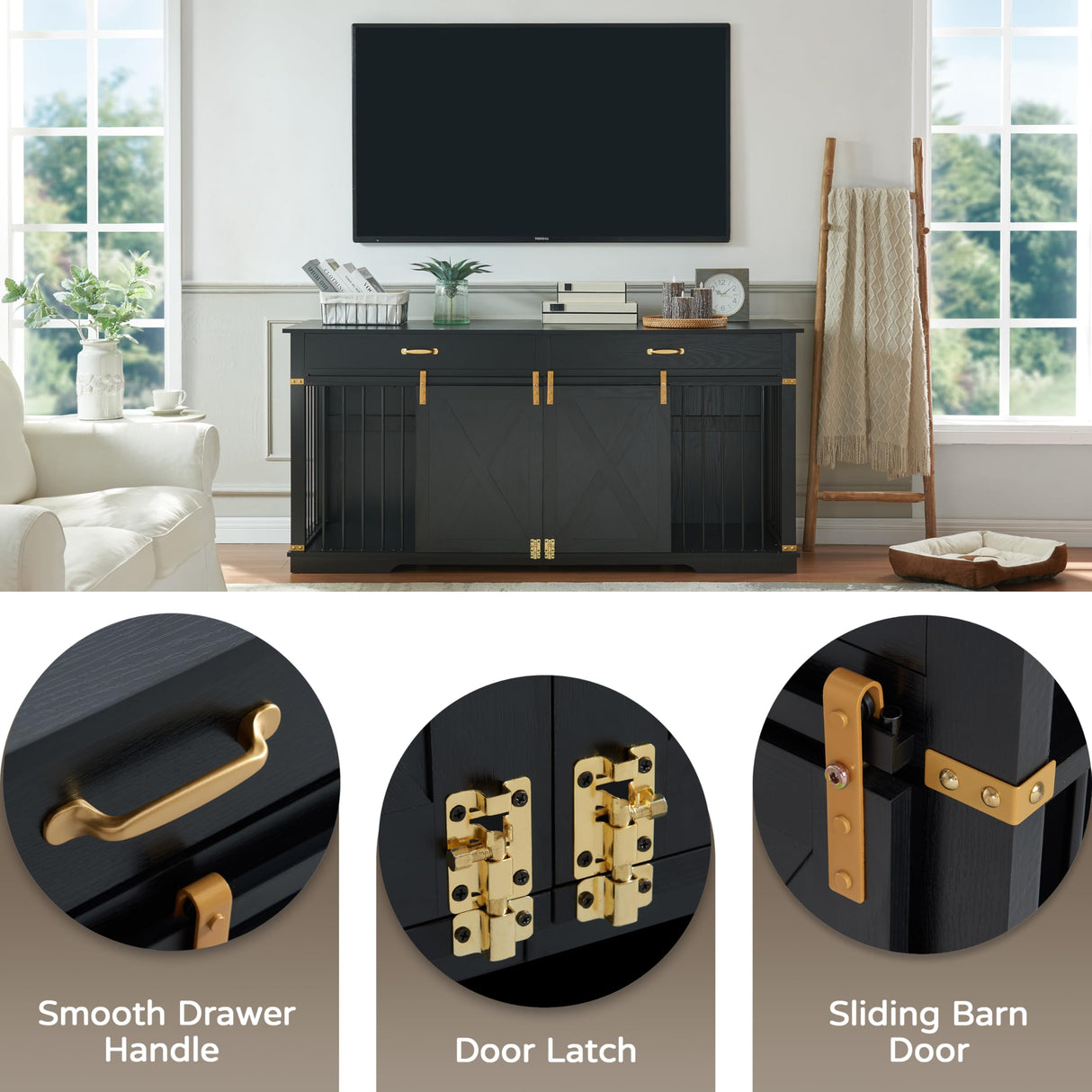 EDYO LIVING Extra Large Furniture Style Double Dog Crates, 72.5" Farmhouse Wooden Dog Kennel Furniture with Drawers, Divider, Water Resistant & Barn Door for 2 Dogs, Black EDYO LIVING