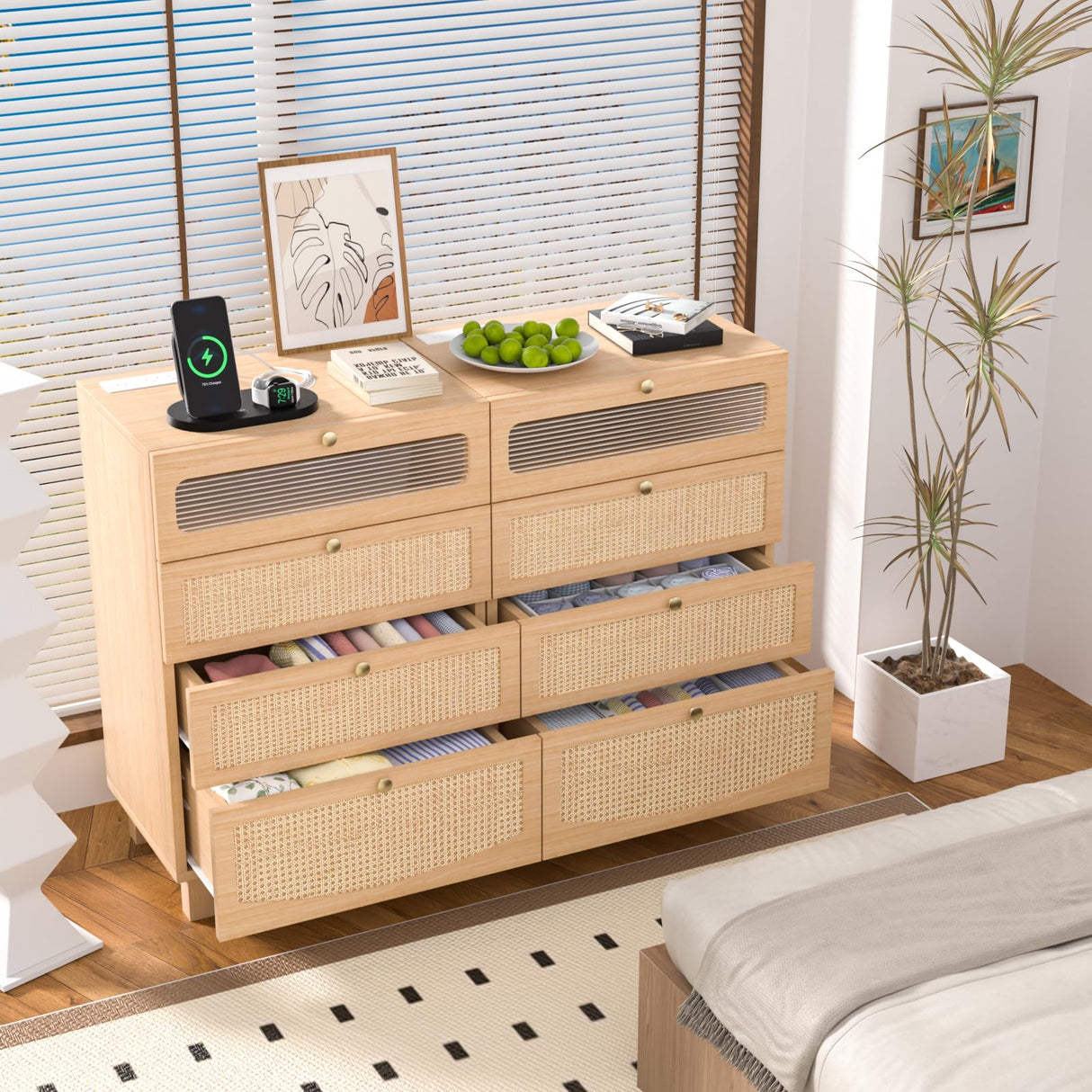 HPWLYO Rattan Dresser for Bedroom with LED Light, 4 Drawer Tall Rattan Dressers with Charging Station, Dressers Chests of Drawers,Bedroom Closet Dresser for Bedroom, Hallway,Entryway HPWLYO