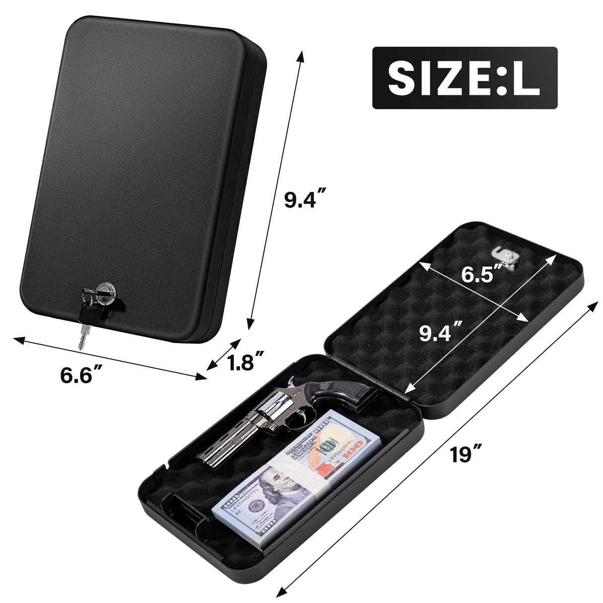 Sgorlds Pistol Safe, Portable Travel Gun Safe, Handgun Lock Box with Key Lock, 2 Pack Gun Safes for Car, Home, Travel, 9.4" x6.6" x1.8", Black Sgorlds