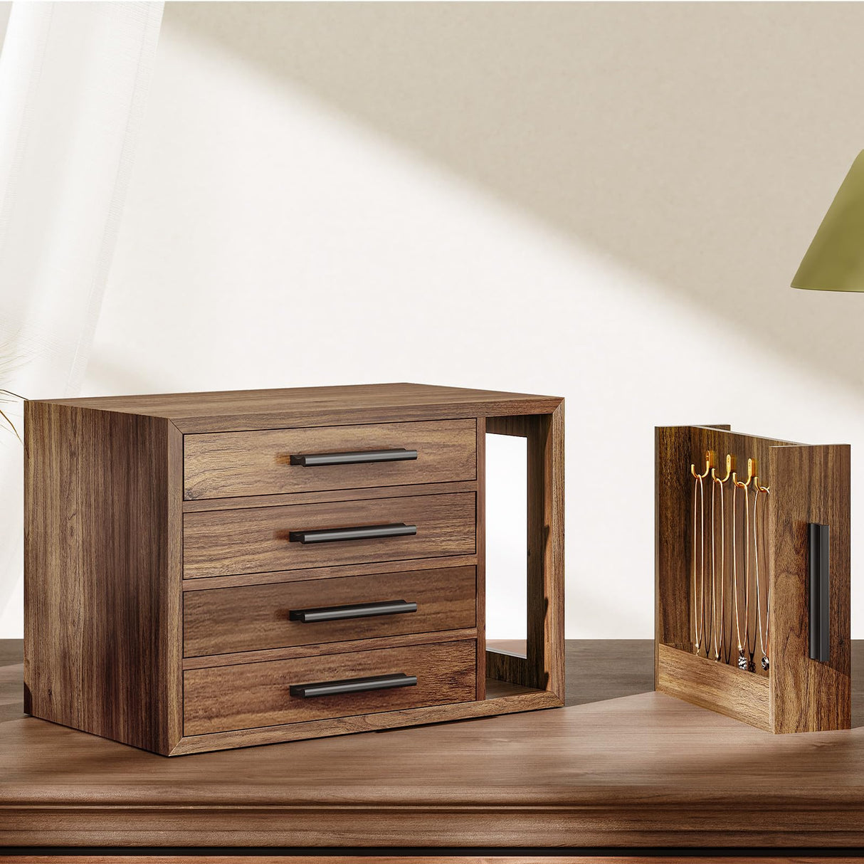 HOOBRO Jewelry Box for Women, Wooden Jewelry Organizer with Transparent Window, 4-Layer Jewelry Organizer Box, Jewelry Holder Organizer for Earrings, Necklaces, Rings, Walnut and Black BH09JB04 HOOBRO