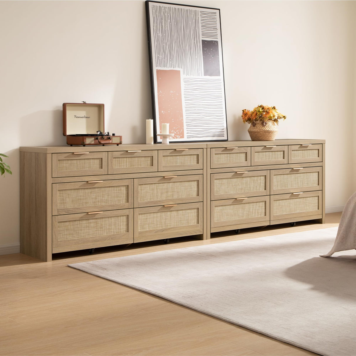SICOTAS 7 Drawer Dresser for Bedroom, 57" Wide Rattan Dressers, Large Chest of Drawers for Bedroom, Dresser TV Stand, Boho Closet Organizer (Reclaimed Light Oak, 7 Drawers (1 pc)) SICOTAS