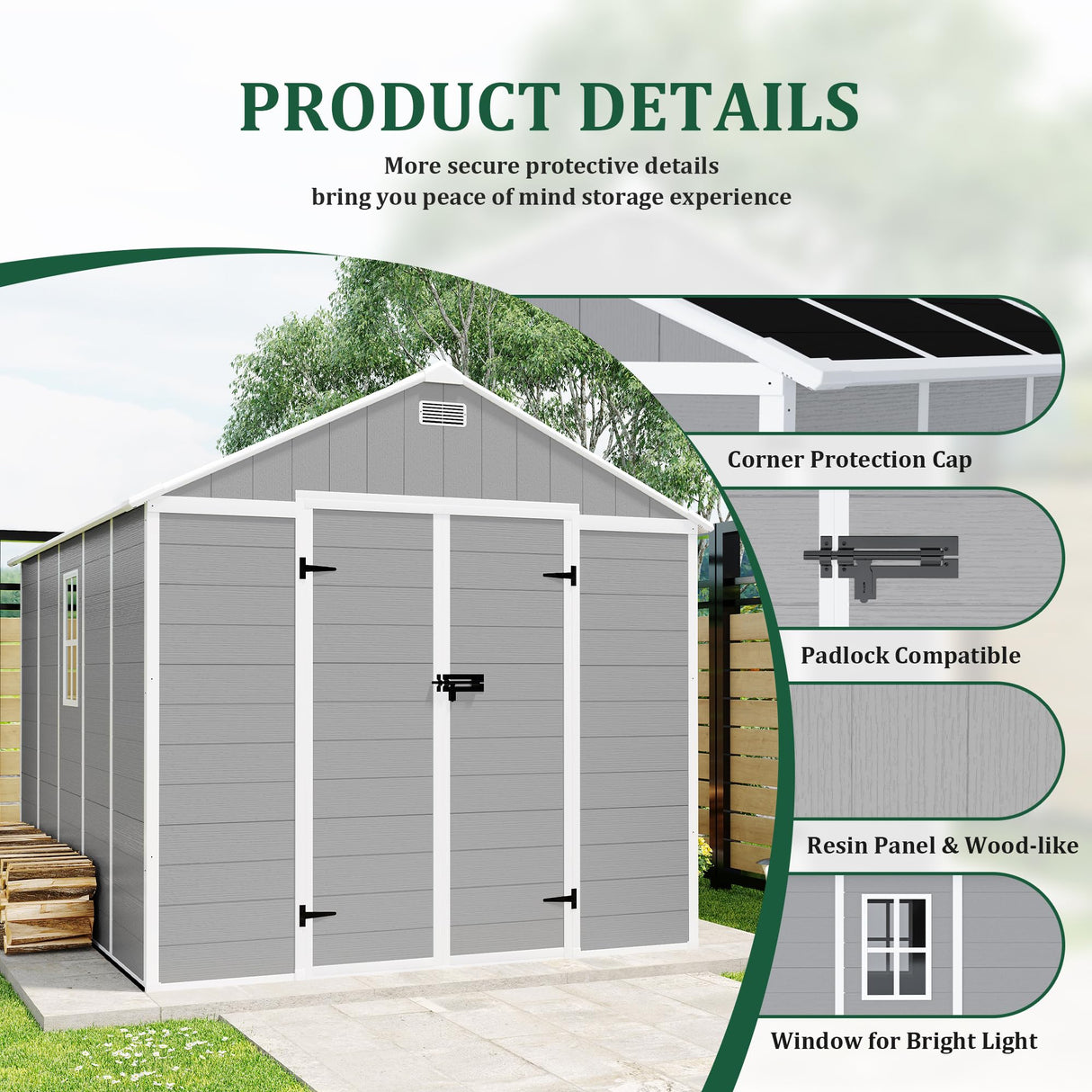 Outdoor Storage Shed 8x8 FT, Resin Shed with Floor & Window, Lockable Door, Vents, Outside Sheds & Garden Shed for Patio Furniture, Gardening Tools, Pool Equipment (Grey, 8 * 8ft) OUEEEDD