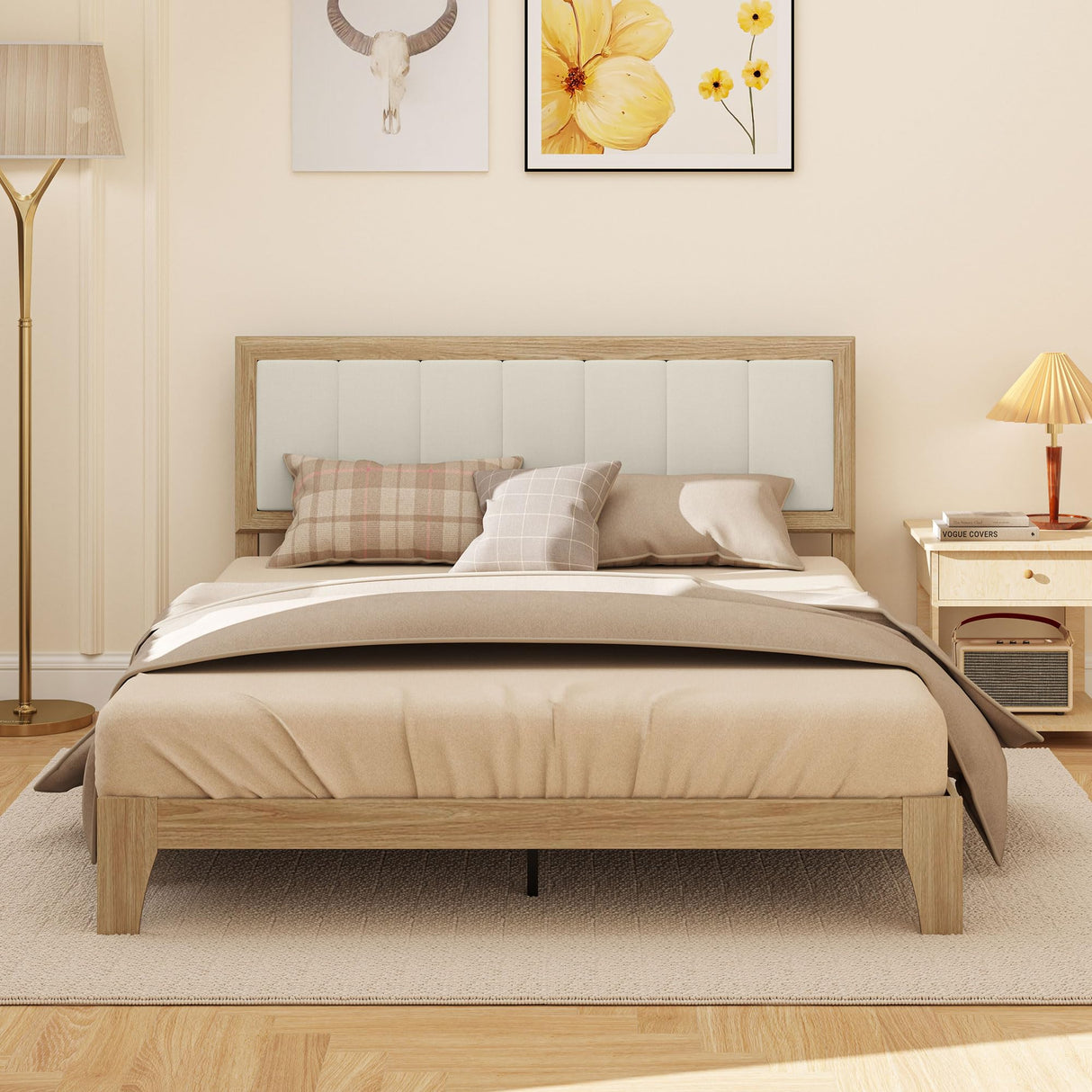 HOMCOM Queen Size Bed Frame with Upholstered Headboard, Platform Bed Frame with Wooden Slats, No Box Spring Needed, Easy Assembly, Oak HOMCOM