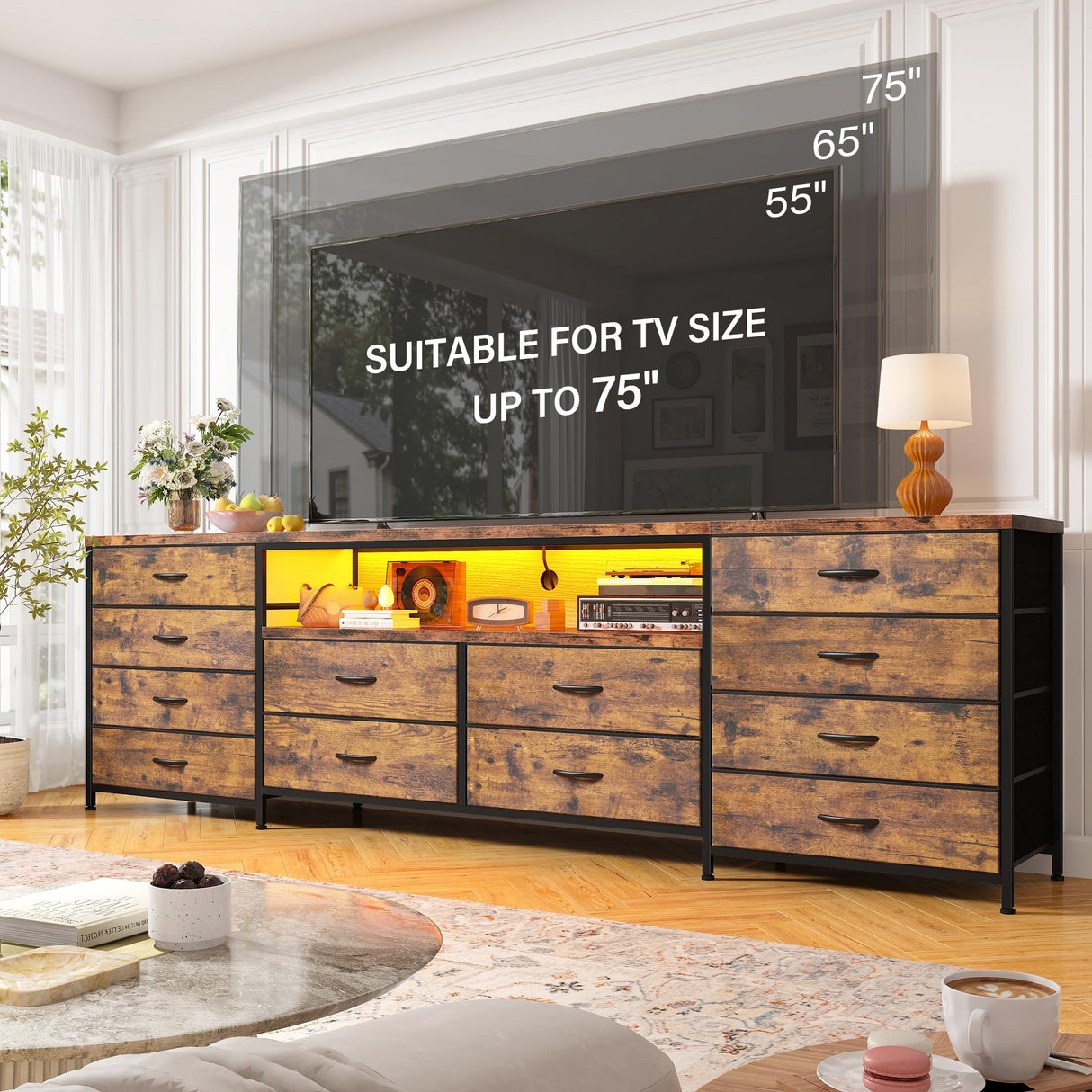 EnHomee Fits 75" TV Stand Dresser for 65 70 75 Inch TV 63" W Dresser TV Stand for Bedroom with LED Lights & Power Outlets & 12 Drawers Dresser for Bedroom Long Fabric Dresser Entertainment Center EnHomee
