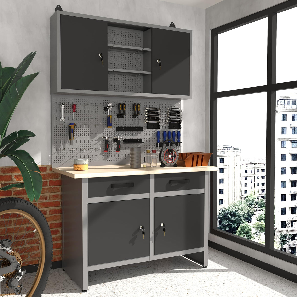 Industrial Steel Garage Storage Cabinet System, Included Pegboard Wall Cabinet Wood Table Top, for Auto Repair Shops, Utility Room JZD