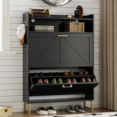 BORNOON Shoe Cabinet with 2 Flip Drawers Narrow Shoe Storage Cabinet Organizer Wooden Freestanding Rack Hidden Slim Storage for Entryway, Hallway, Living Room, Bedroom (Black)