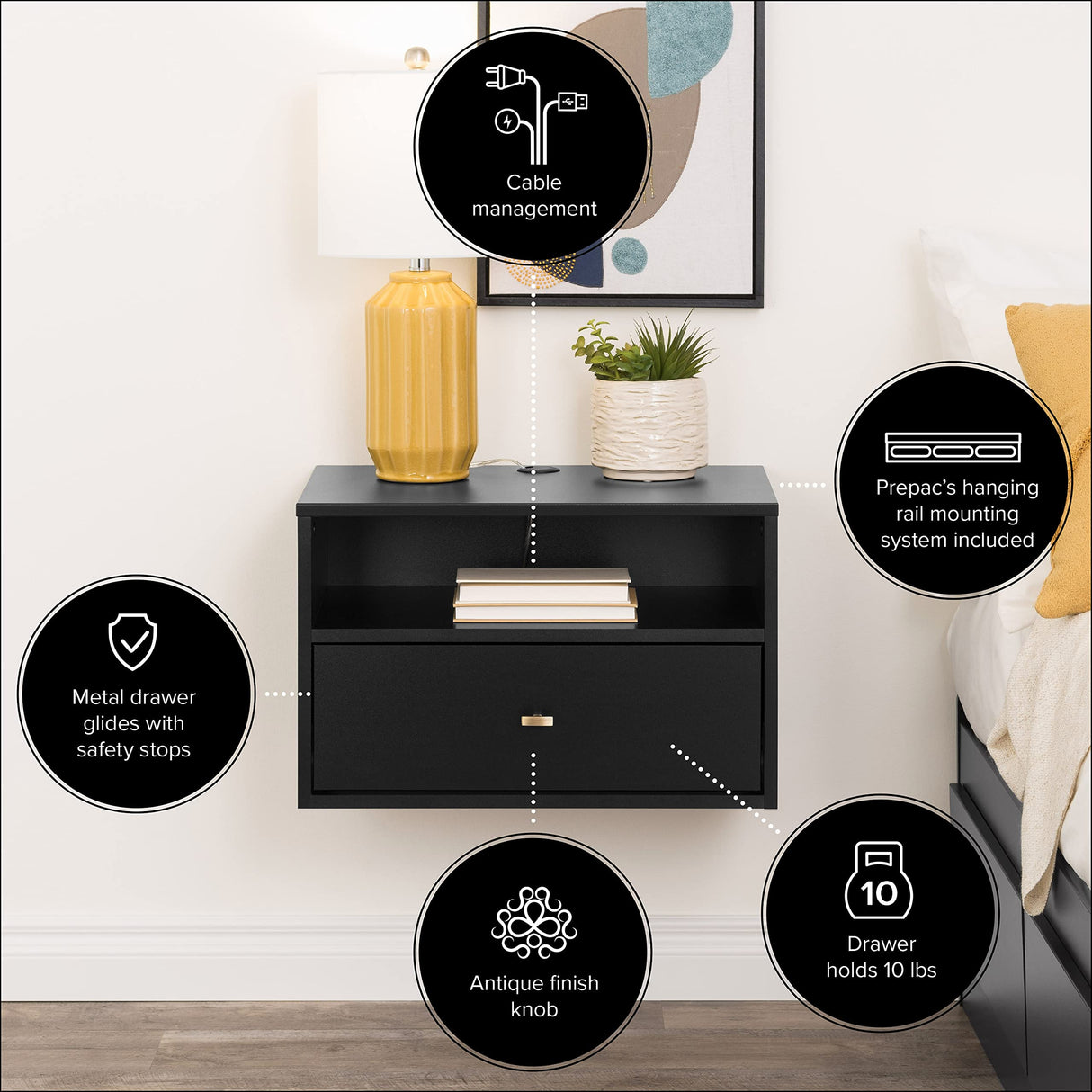 Prepac Floating Shelf Side Table with Drawer and Brushed Brass Knobs, Modern Floating Nightstand 15" D x 22.5" W x 14.5" H, Black, BRBW-1402-2M Prepac