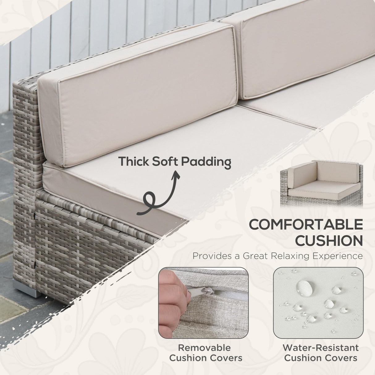 Outsunny 7-Piece Patio Furniture Set, Outdoor Wicker Conversation Set, All Weather PE Rattan Sectional Sofa Set with Cushions and Faux Wood Table, Stripe Pillows, Beige Outsunny