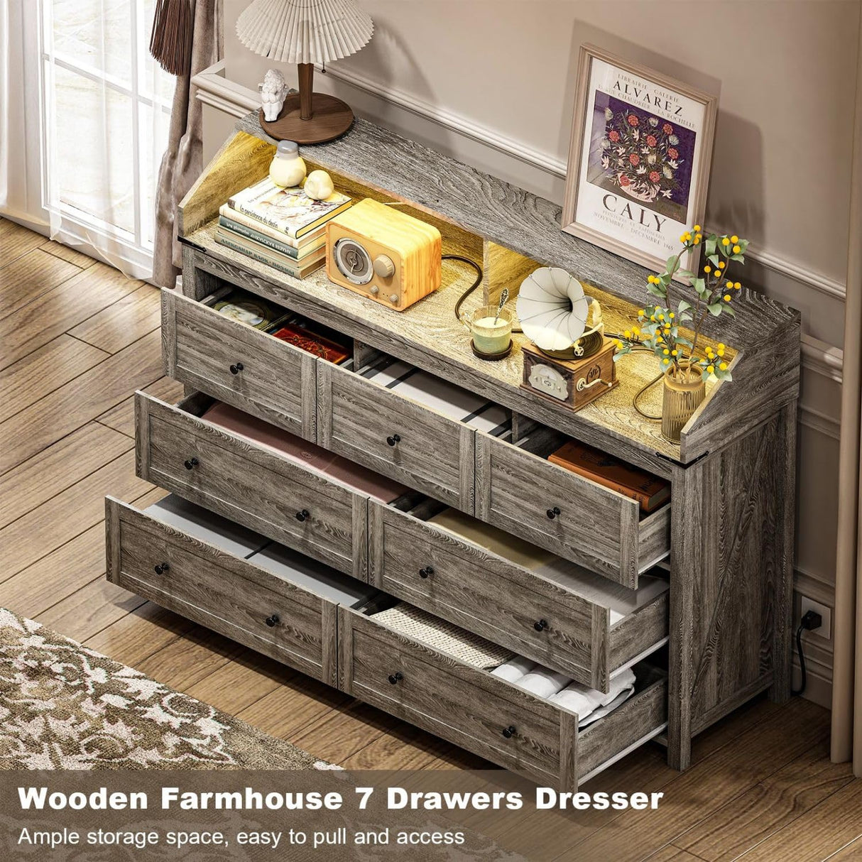 GlouMod Farmhouse 7 Drawers Dresser for Bedroom,Wooden Dresser with LED Light & Power Outlet, Tall Dresser Wide Chests of Drawers, Storage Organizer for Living Roon, Entryway, Closet, Gray Dresser GlouMod