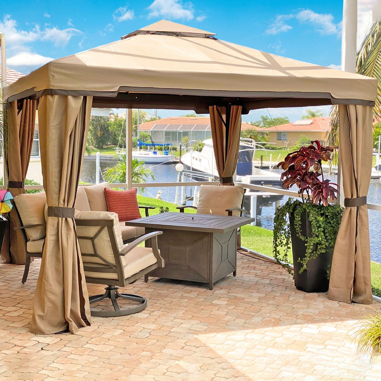 SUNCROWN 10 x 10 FT Outdoor Gazebo for Patio Iron Frame Garden Permanent Gazebo with Vented Soft Canopy and Mosquito Netting, Khaki SUNCROWN