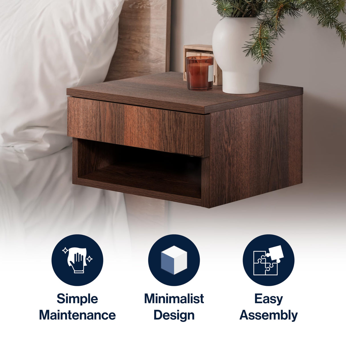 JONATHAN Y NST2002A Ettore 15.71" Mid-Century Modern Floating Wall Mounted Nightstand with Soft-Close Drawer and Cable Hole, Dark Brown JONATHAN Y