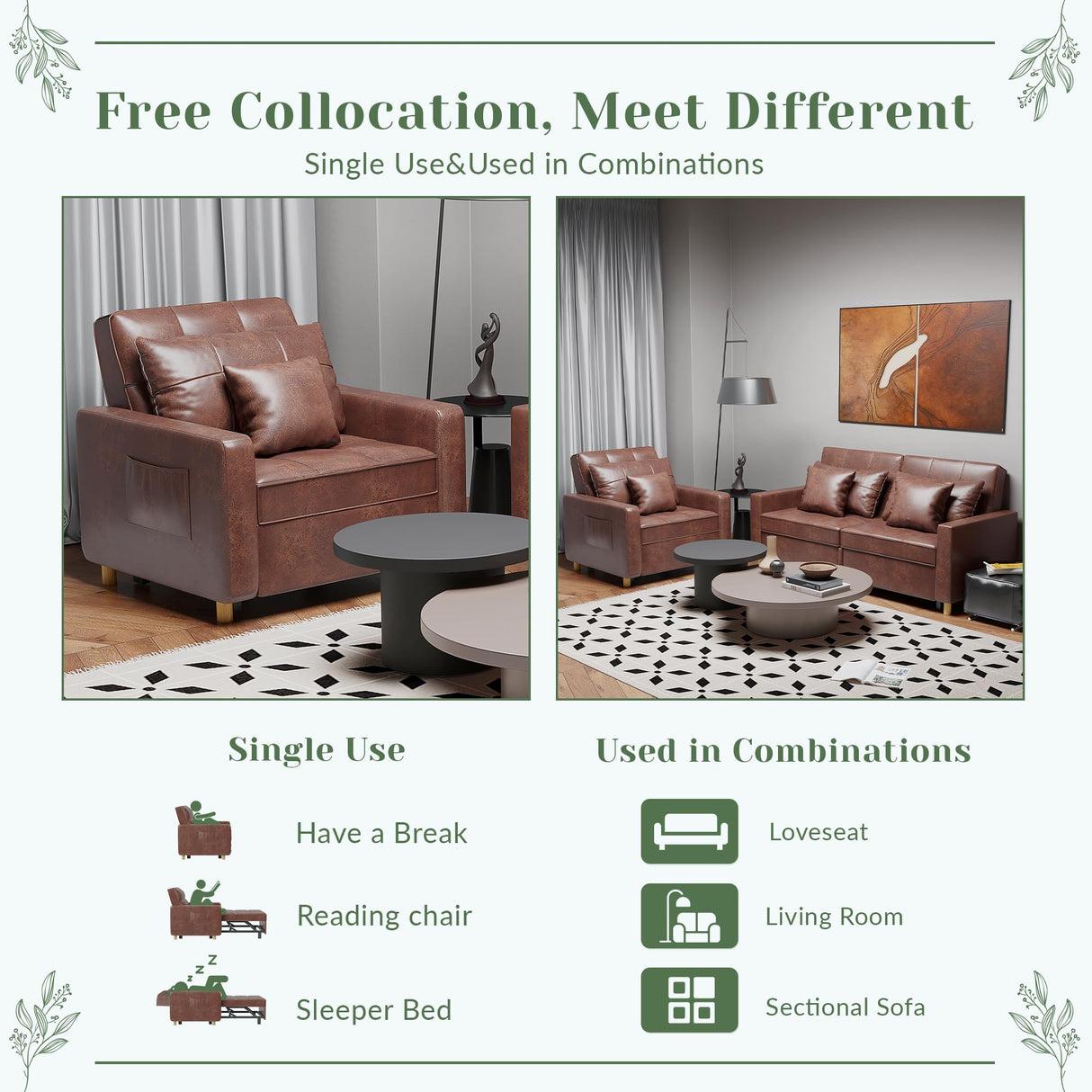 Esright Futon Chair Bed, 3-in-1 Pull-Out Sleeper Sofa Reading Chair for Adults, Convertible Sofa Chair with 3-Level Backrest for Small Space, Dorm, Living Room, Apartment, Office, Saddle Brown Esright