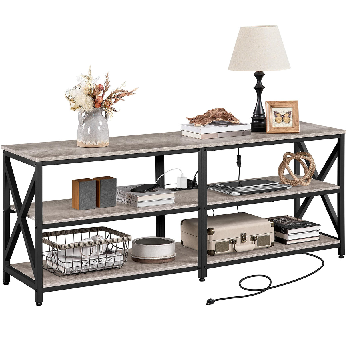 Yaheetech TV Stand with Power Outlet for 75 Inch TV, 3 Tiers TV Storage Cabinet Entertainment Center, Retro 63 Inch Long TV Console Table with Charging Station for Living Room, Gray Yaheetech