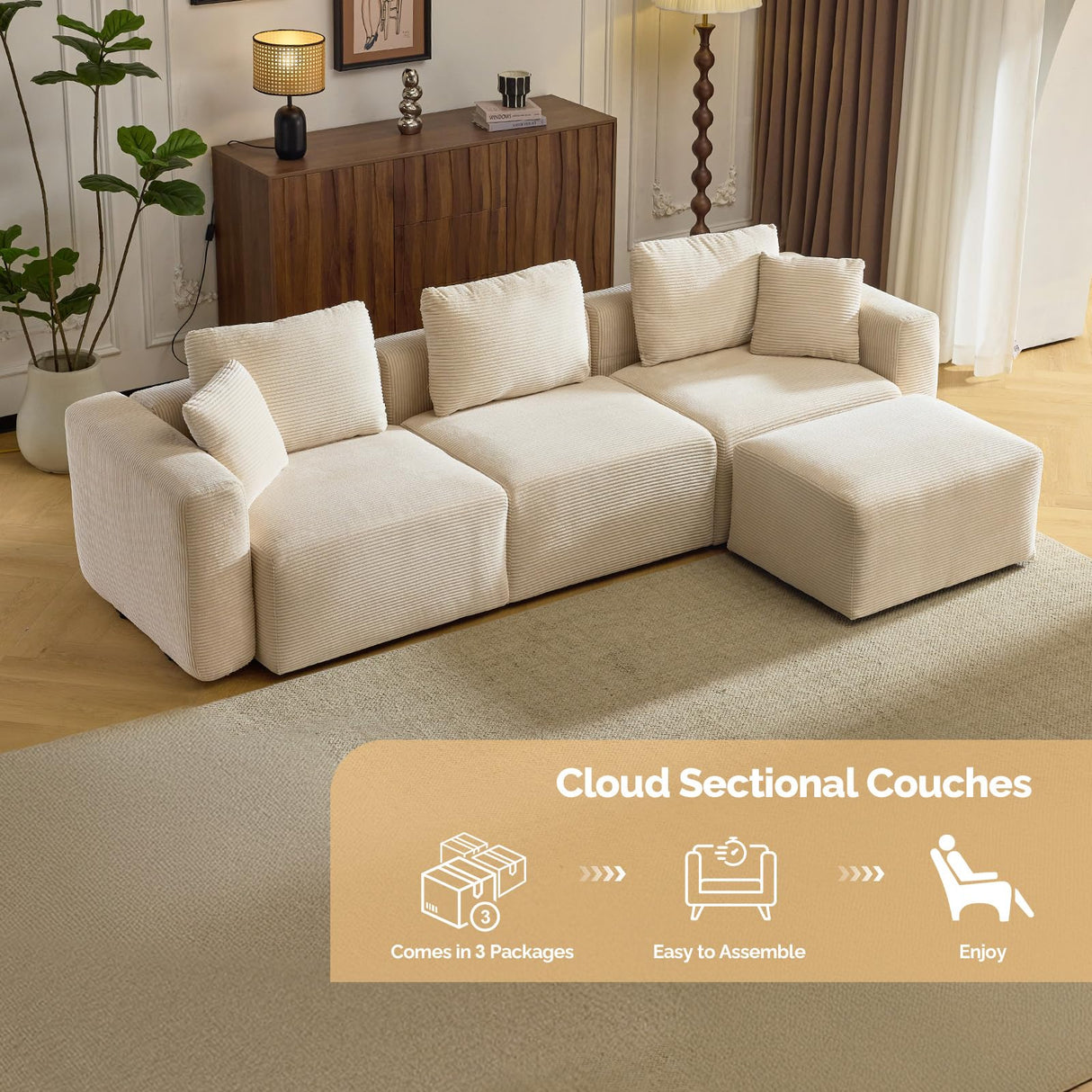 VINGLI 112.2“ Convertible Corduroy Cloud Sectional Couches with Movable Ottoman, L-Shaped Boneless Couches for Living Room with Deep Seat, 3 Seater Modular Spineless Sofa, No Assembly Required, Cream VINGLI