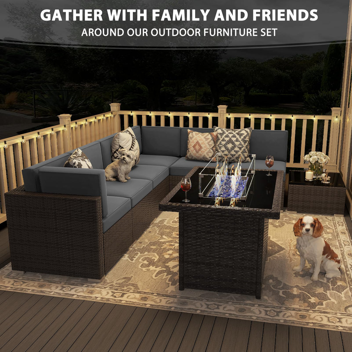 Vakollia 8 Pieces Patio Furniture Set with 44" Propane Gas Fire Pit Table, Outdoor Sectional Brown Rattan Wicker Conversation Sofa Sets with Coffee Table Vakollia