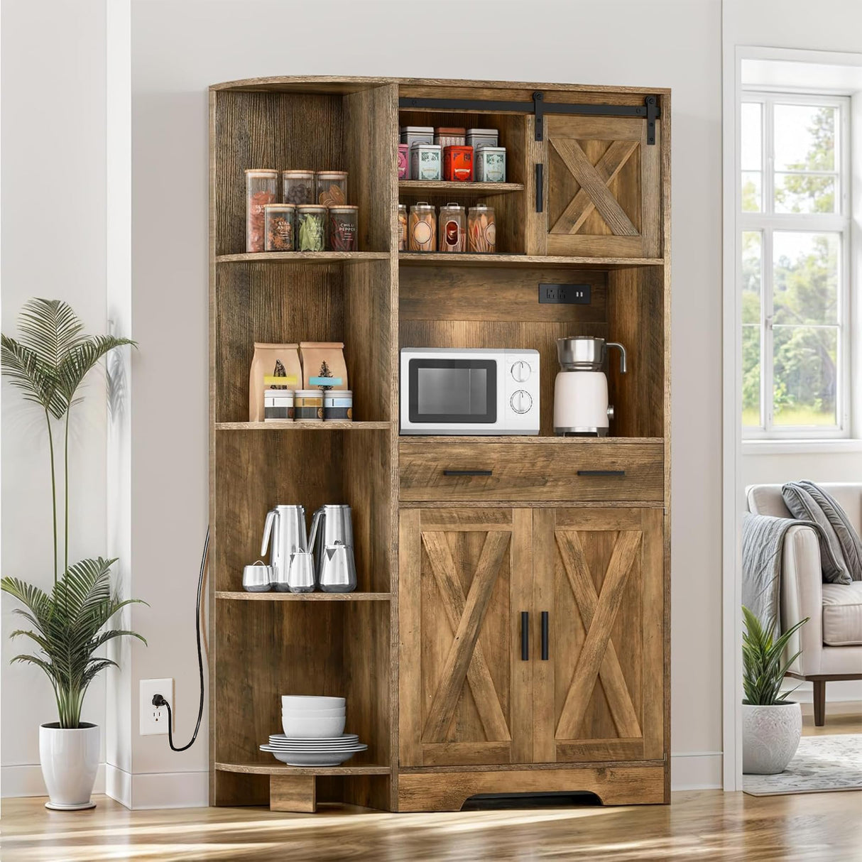 DWVO 67.3" Farmhouse Kitchen Pantry, Storage Cabinet Baker Rack with Power Outlet, Freestanding Hutch with Barn Door & Drawer, Buffet Sideboard with Microwave Stand for Dining Room, Rustic Brown DWVO