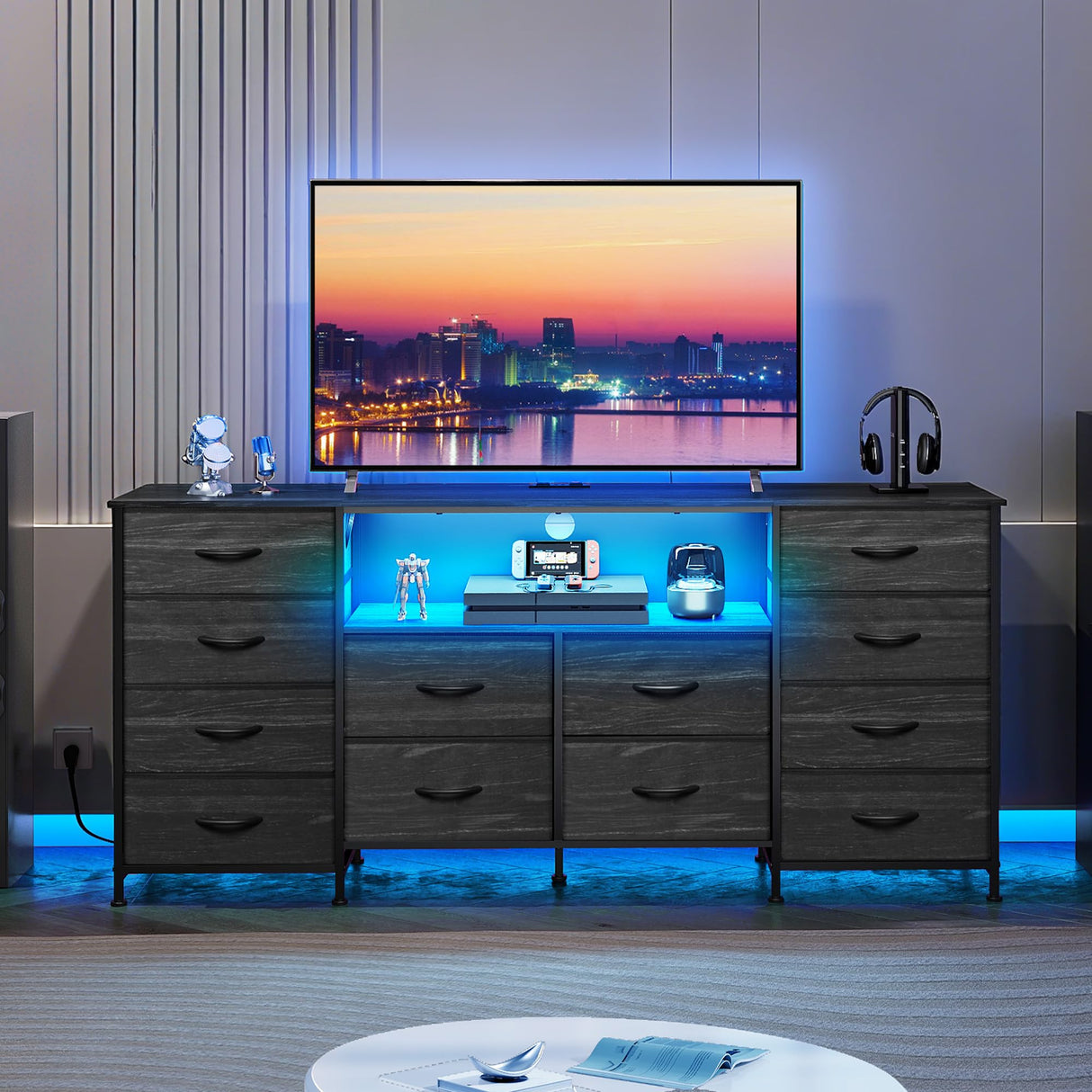 WLIVE 12 Drawer Dresser for Bedroom, Black Dresser TV Stand for 65, 70, 75 inch TV with Led Light & Charging Station, Wide Chest of Drawers with Open Shelves, Fabric Dressers for Closet, Living Room WLIVE
