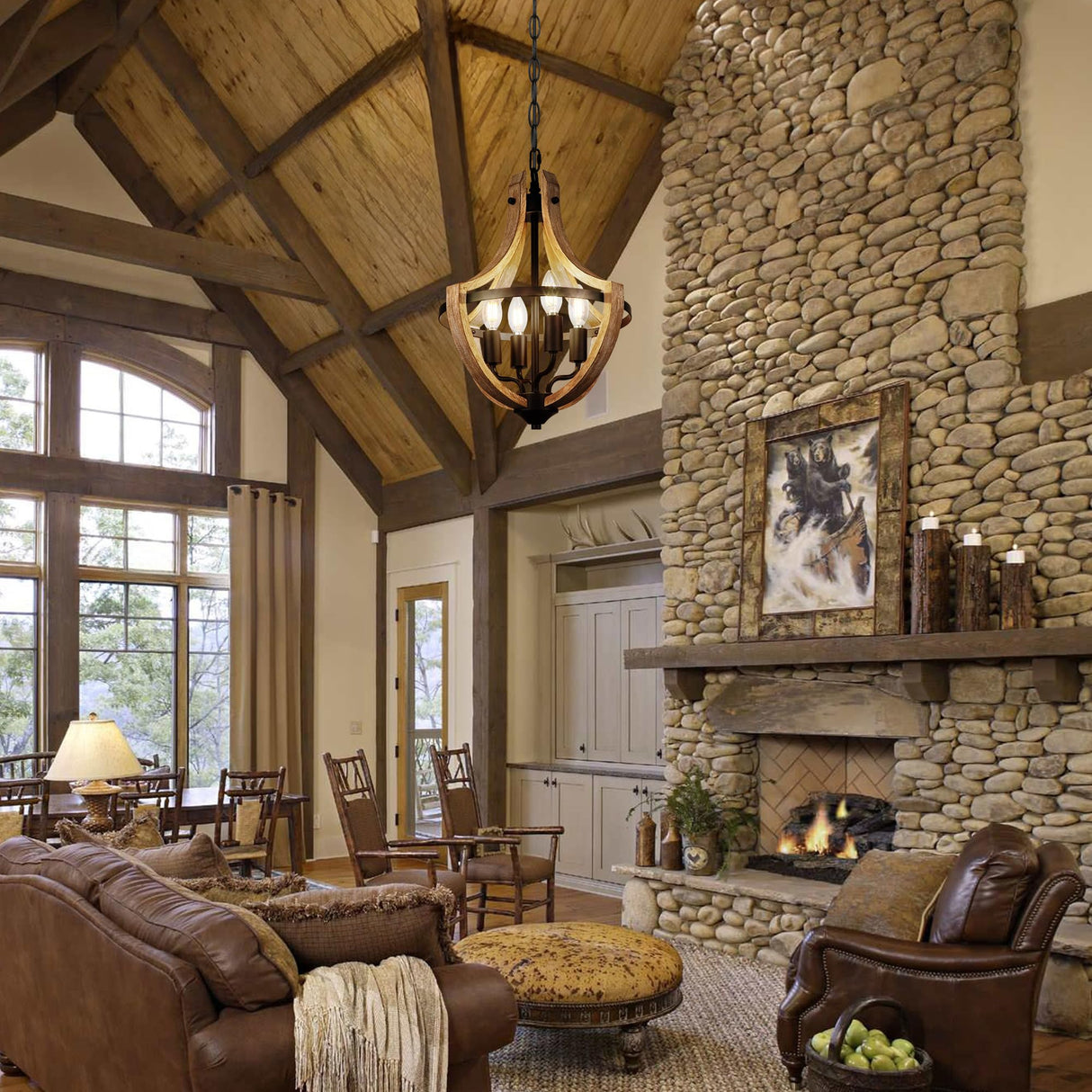 4-Light Farmhouse Dining Room Light Fixture, Adjustable Height Hanging Wood Vintage Pendant Lights for Kitchen Island Hallway Foyer Entryway Breakfast Area Bedroom Klgxnrd