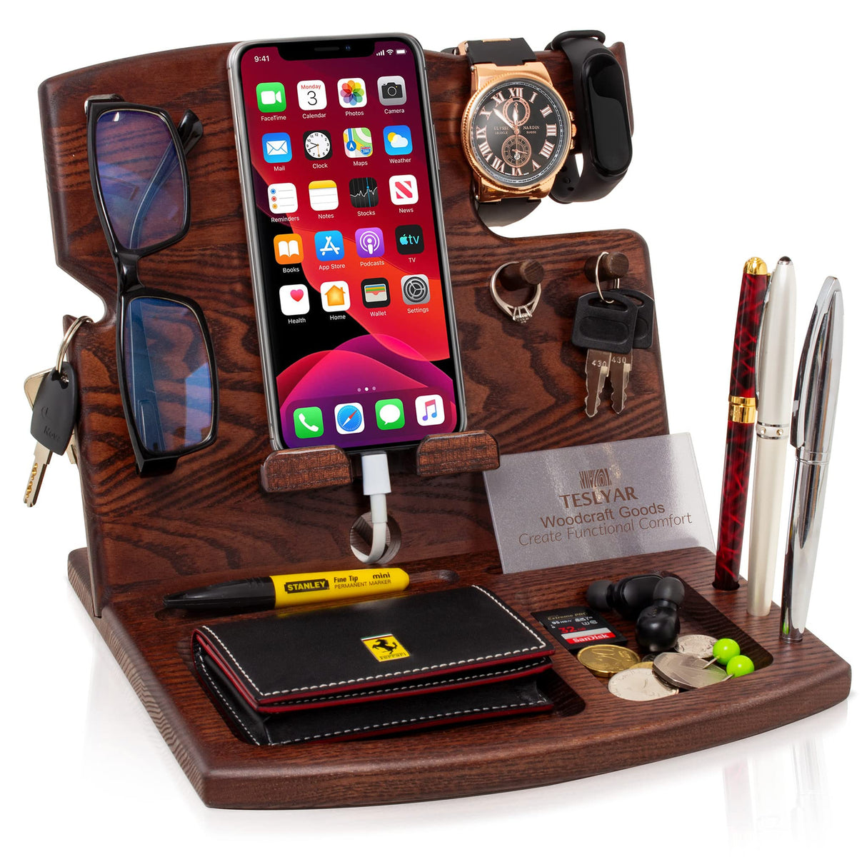 TESLYAR Wood Phone Docking Station Ash Hooks Key Holder Wallet Watch Stand Watch Organizer Men Husband Anniversary Dad Birthday Nightstand Purse Father Graduation Male Travel Gadgets TESLYAR
