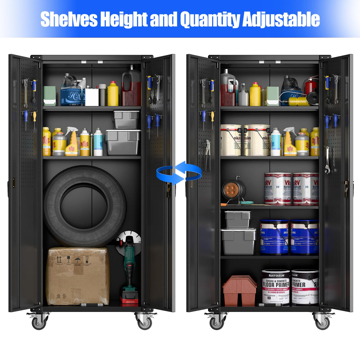 JAORD Metal Storage Cabinet Wheels,72'' Lockable Storage Cabinet with Wheels and Pegboard, Garage Cabinet with Doors and Shelves, Rolling Tool Cabinet for Office Home, Assembly Required(Black) JAORD