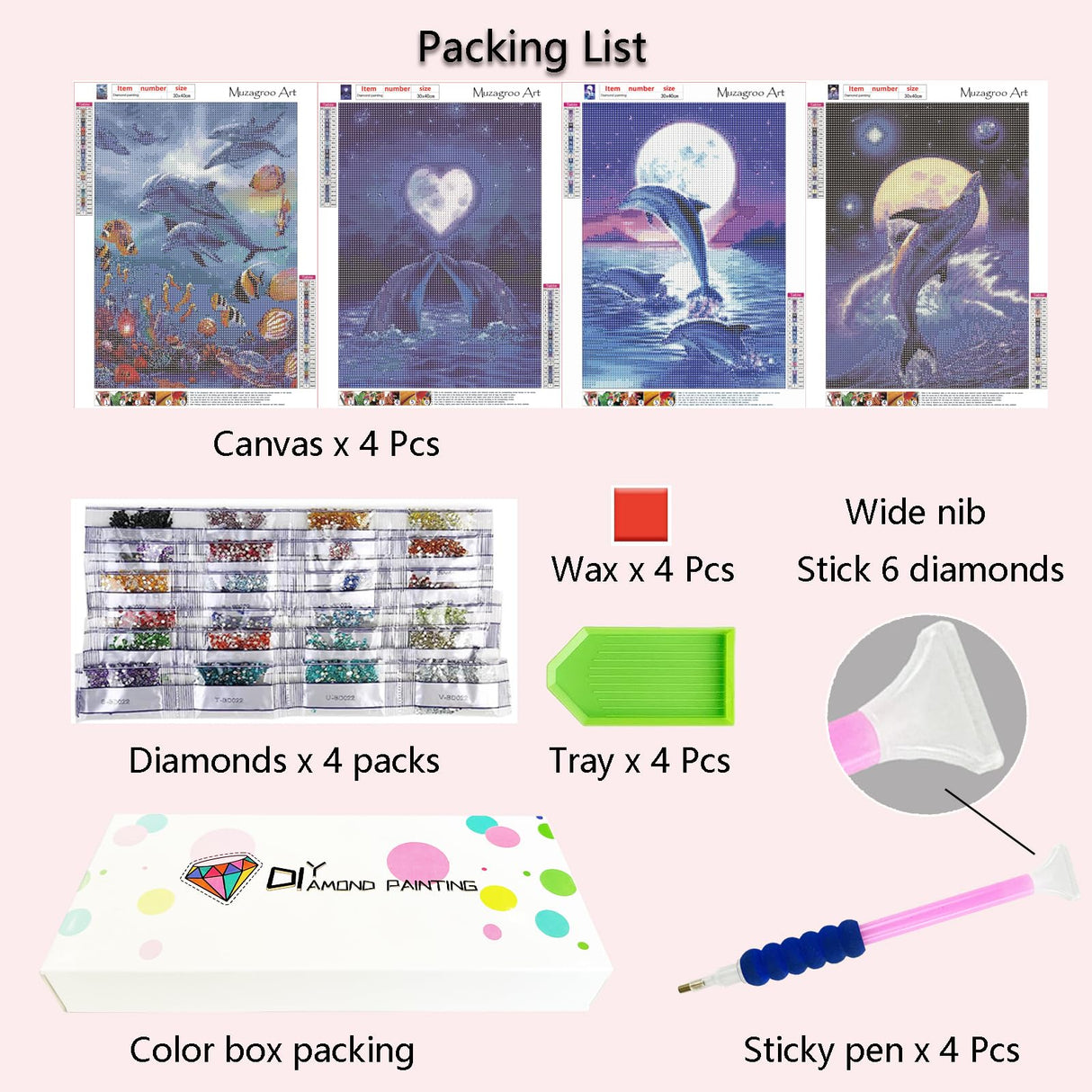 Muzagroo Art 4 Pack Diamond Paintings Kits for Adults 5D Diamond Art DIY with Round Full Drill Diamonds for Beginners Dolphins Diamond Wall Art for Living Room Muzagroo Art