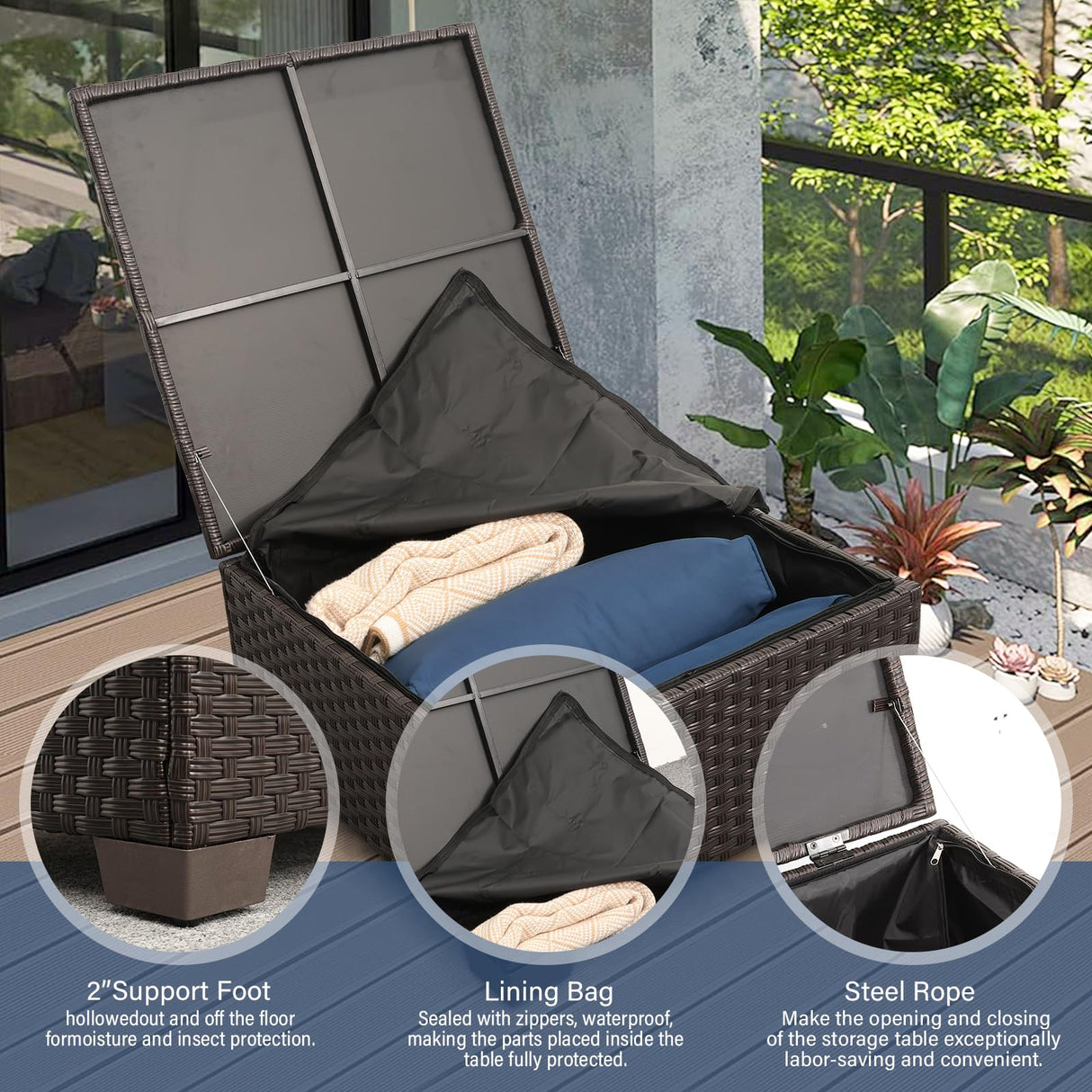 Patio Furniture Set 3 Pieces Outdoor Sectional Sofa Set Wicker Patio Furniture Outdoor Couch Outdoor Ottoman Coffee Table with Storage All-Weather Anti-Slip Cushions Waterproof Covers, Navy Blue Rattan Star