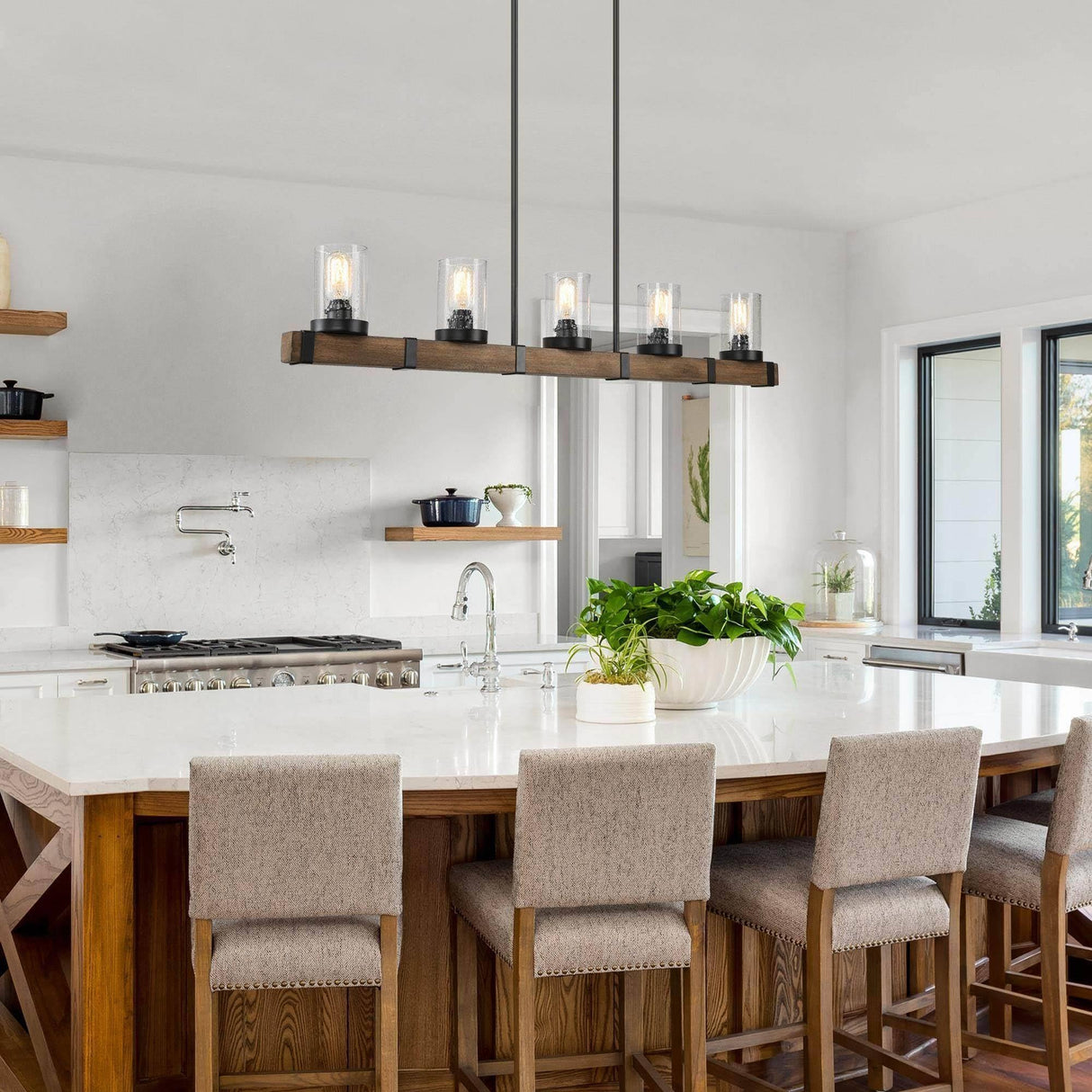 LALUZ 5-Light Kitchen Island Lighting, Farmhouse Wood Linear Dining Room Chandelier Over Table with Seeded Glass Shade, 42.9'' Large Rustic Wooden Chandeliers Light Fixtures for Dining Room LALUZ