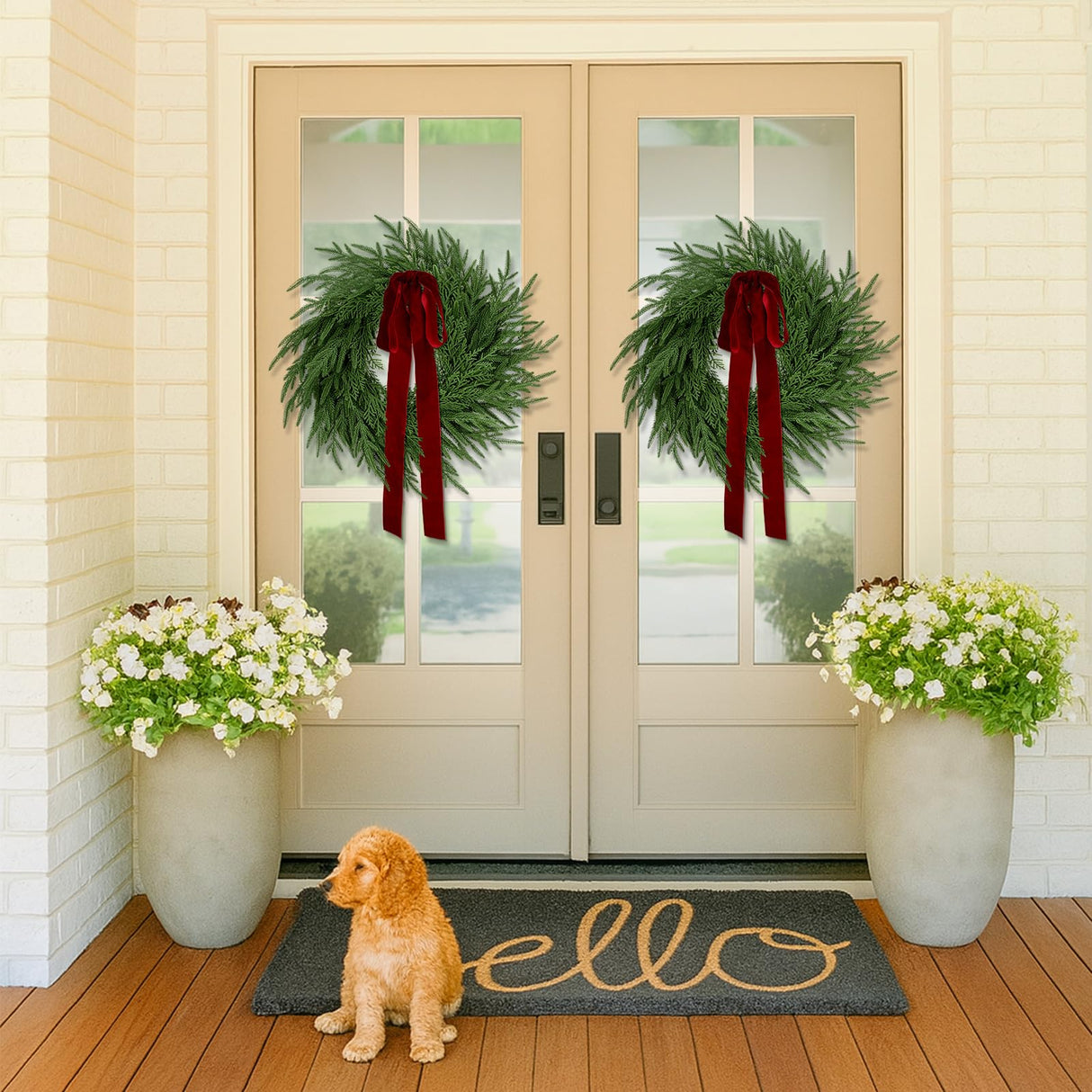 ENVEN Artificial Norfolk Pine & Cedar Christmas Wreath with Velvet Bow – Real Touch Faux Greenery Holiday Front Door Decoration for Indoor Outdoor Use ENVEN