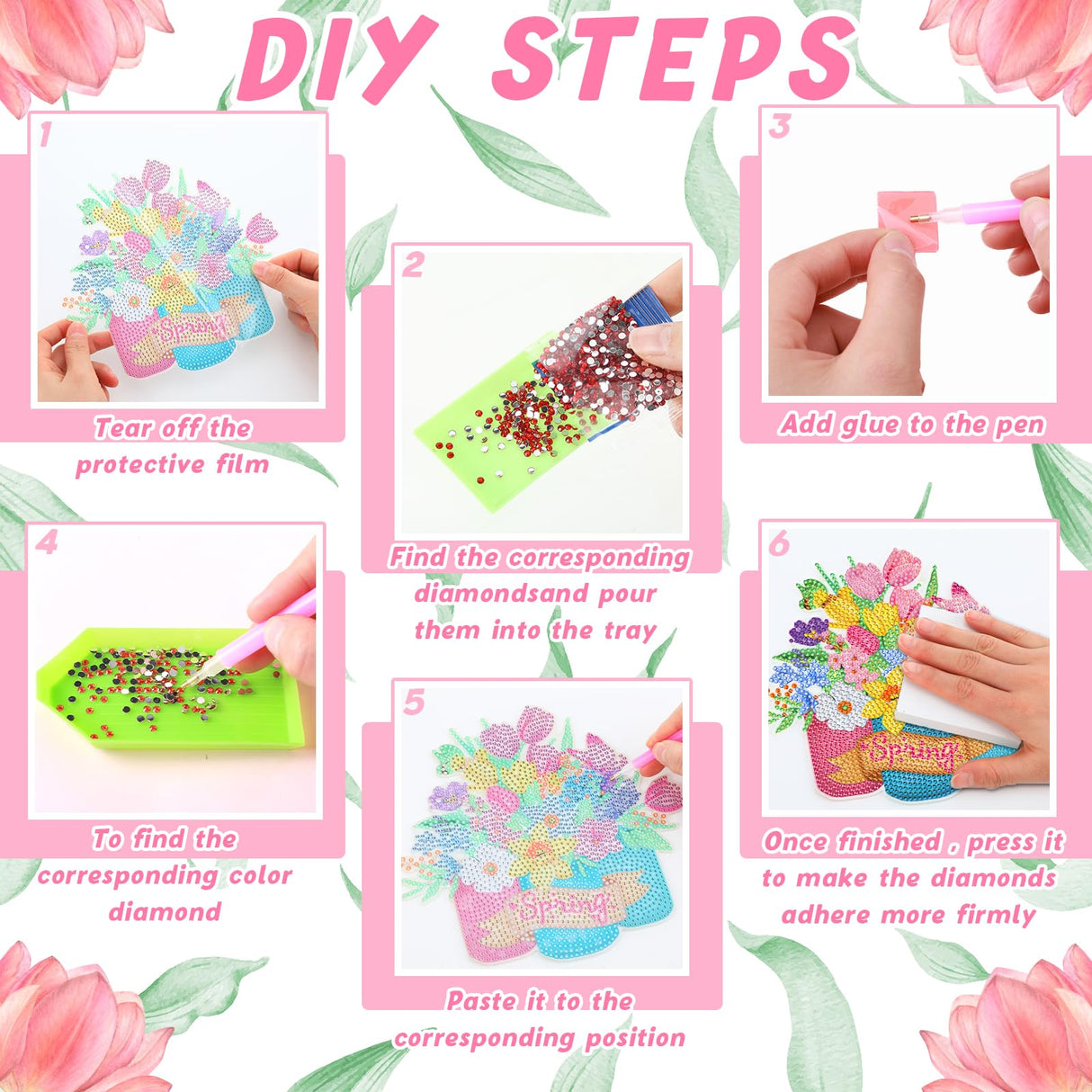 Menkxi 3 Set 5d Spring Diamond Painting Hanging Spring Flower Diamond Art Kits Sign Wreath Tulip Spray Bottle DIY Crystal Paint Arts and Crafts Set for Garden Door Window Ornaments Menkxi