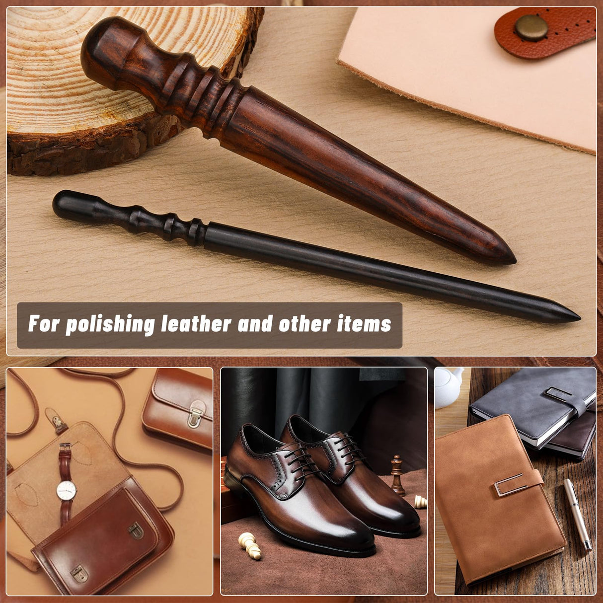 WONVOC Leather Edge Burnish Kit 2 PCS Ebony Wood Leather Burnisher Tool, Round Head Leather Edge Burnishing Tool, Leather Edge Slicker Burnisher, Leather Craft Tool WONVOC