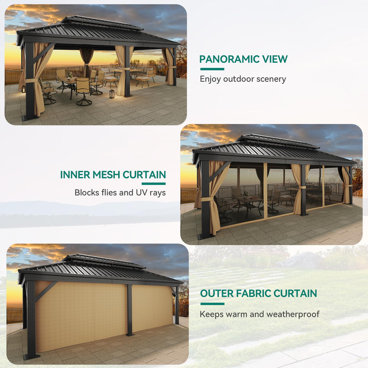 YITAHOME 12x18ft Gazebo Hardtop Canopy Outdoor Heavy Duty Double Roof w/Nettings and Curtains, Upgraded Aluminum Column Galvanized Steel Vertical Stripes Roof for Patio, Backyard, Deck, Lawns, Brown YITAHOME