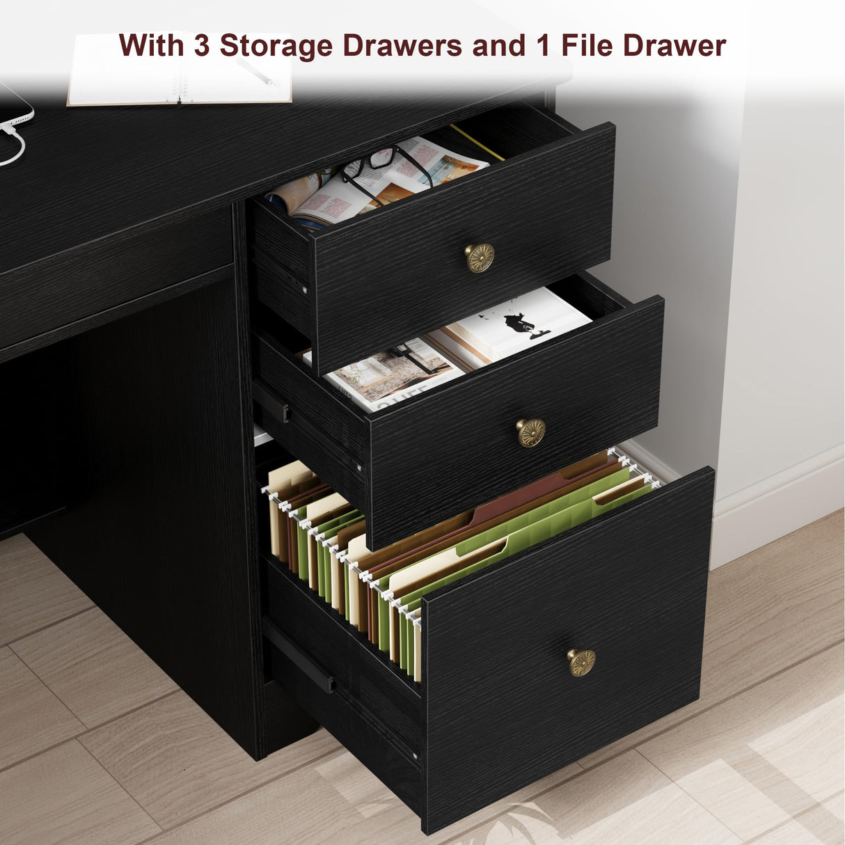 TTVIEW Computer Desk with Drawers and Hutch Shelf, Wood Executive Desk Writing Study Table with 43” Wide Tabletop, Small Desk with File Drawer for Home Office Bedroom, Black TTVIEW