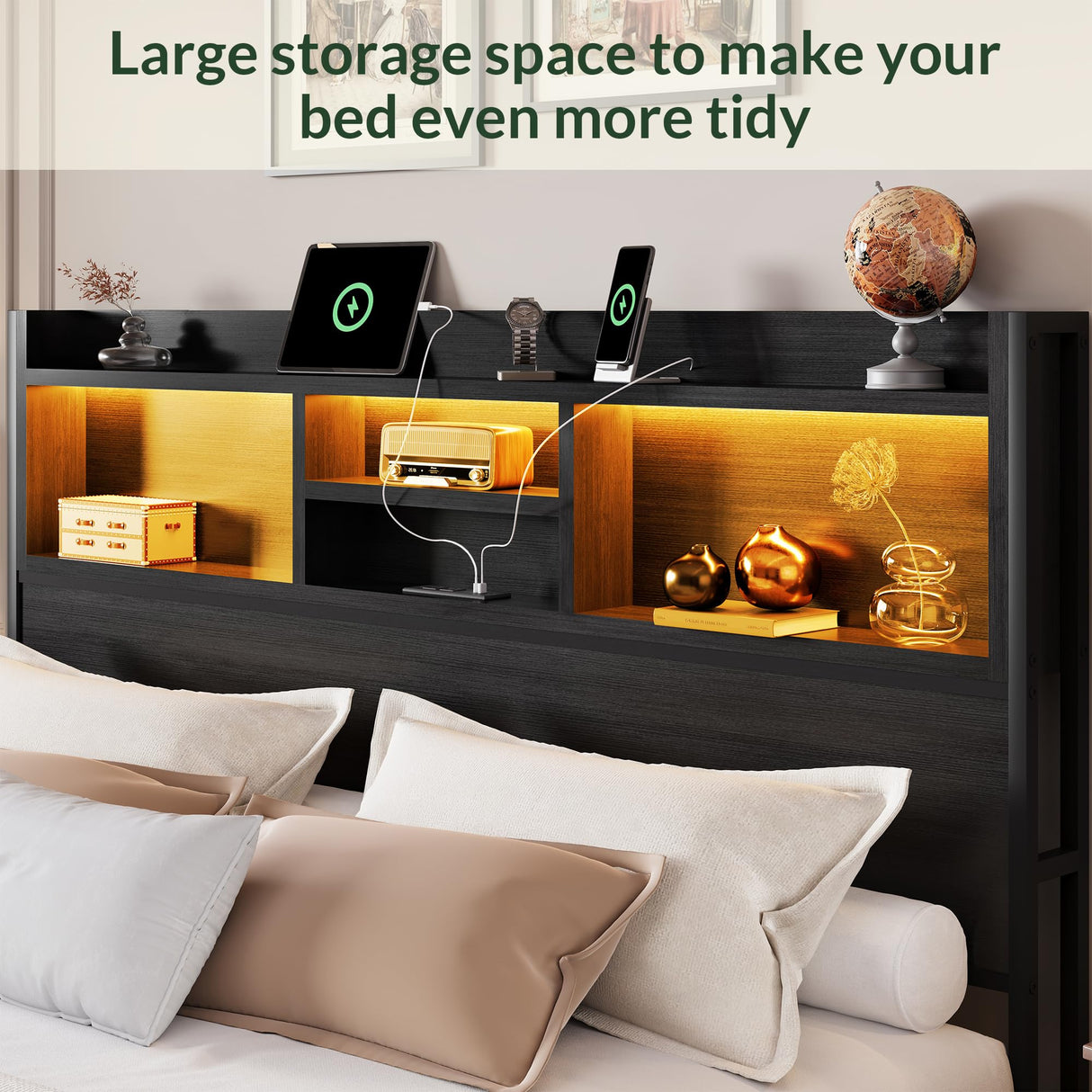 LARMACE King Size Bed Frame with 6 Storage Drawers and Headboard Wooden Platform Bed Frame with LED Lights and Charging Station Easy Assembly/No Box Spring Needed/Black LARMACE