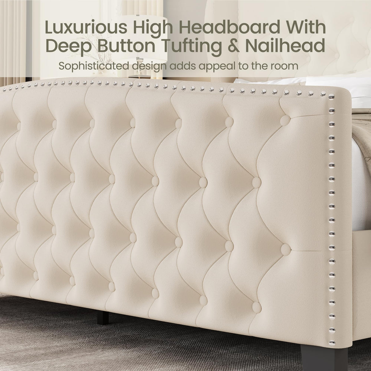 LARMACE King Size Bed Frame Velvet Upholstered Platform Bed with Wingback Headboard & Footbaord, Deep Button Tufted Bed Frame with Wood Slats Support, No Box Spring Needed, Beige LARMACE