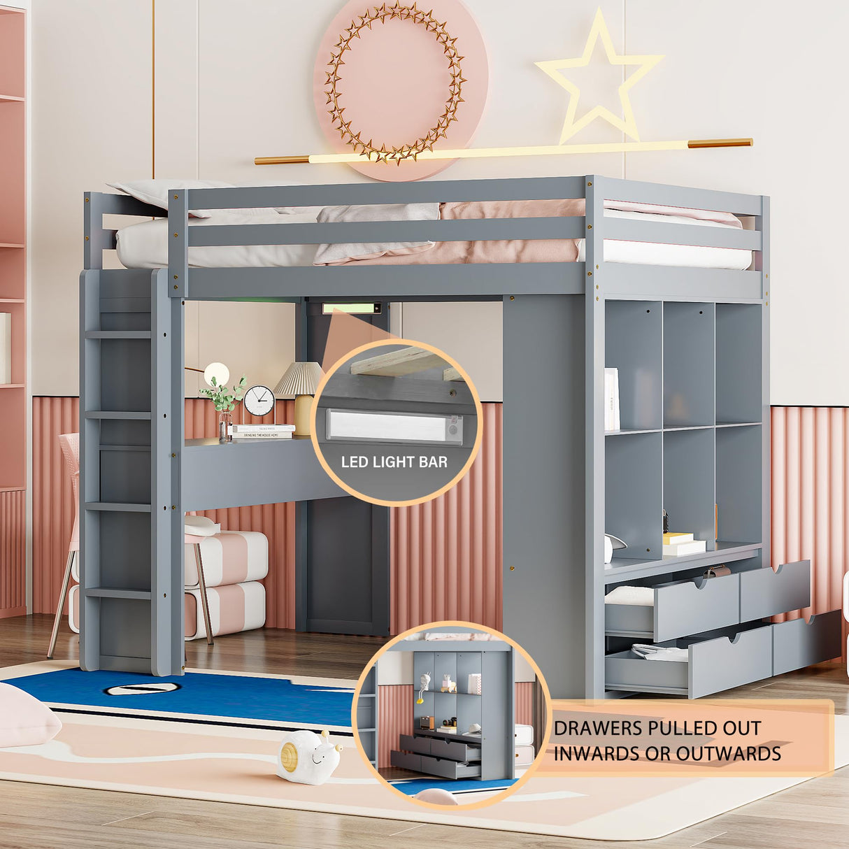 Bellemave Full Size Loft Bed with Desk, Storage, and LED Light in Gray Bellemave