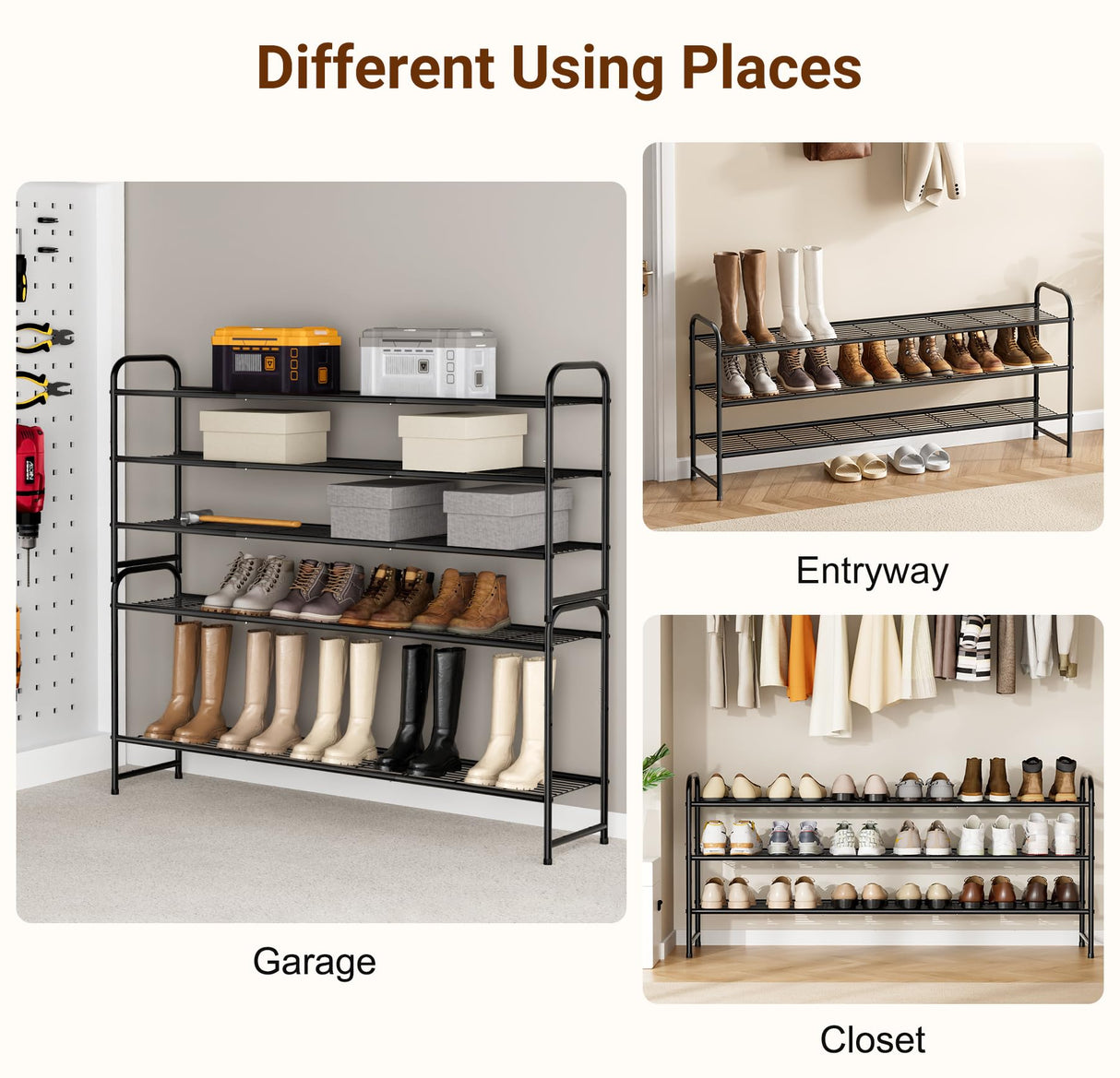 KEETDY 3-Tier Long Shoe Rack for Closet Metal Shoe Organizer for Entryway, Wide Stackable Shoe Storage Shelf with Sturdy Wire Grid for Closet Floor, Bedroom, Black KEETDY