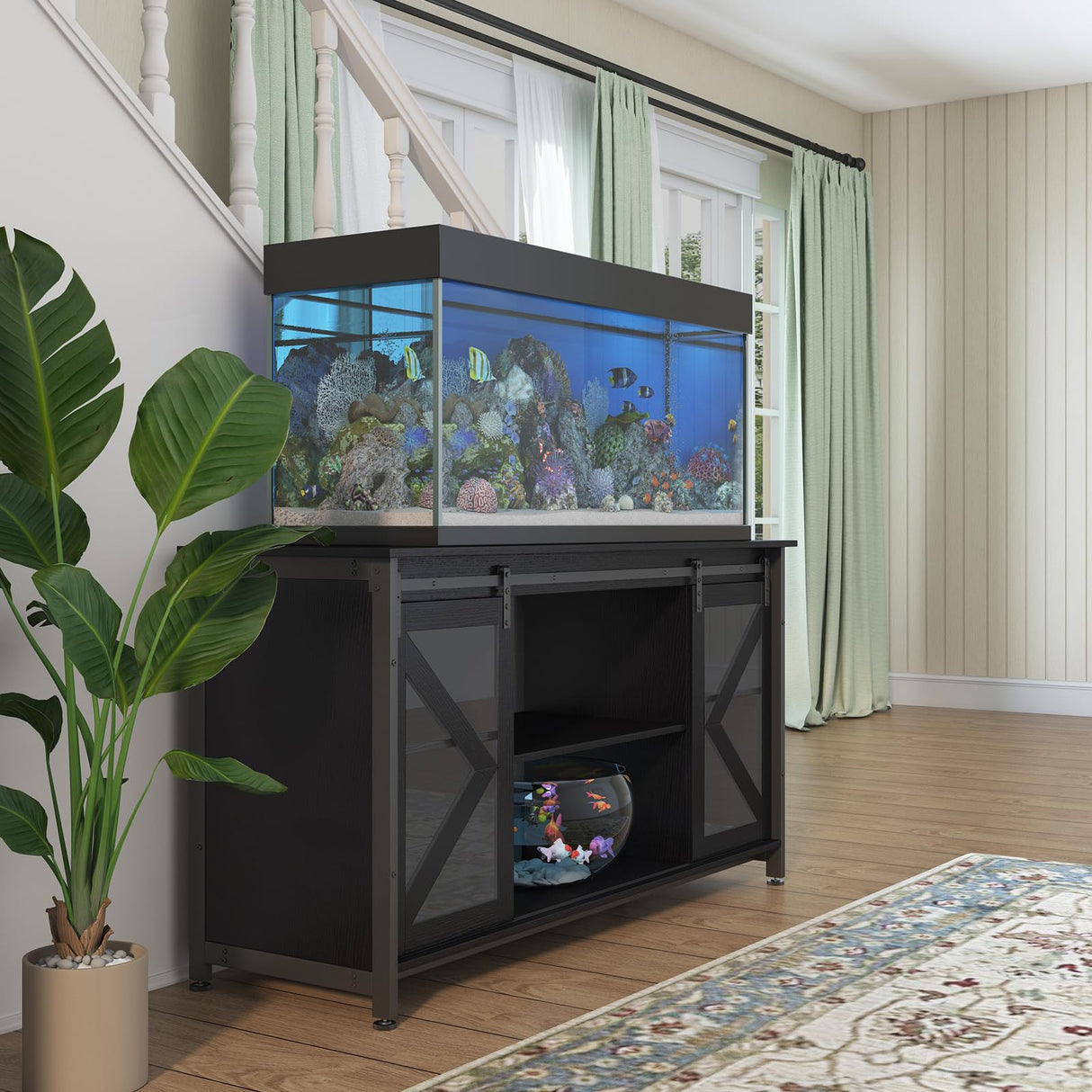 Tatub 75-90 Gallon Fish Tank Stand with Cabinet, Heavy Duty Metal Large Aquarium Stand for Accessories Storage, Reptile Tank Turtle Terrariums Table, 1000+ LBS Capacity, 58.9"x19.7"x32.6" H, New Black Tatub