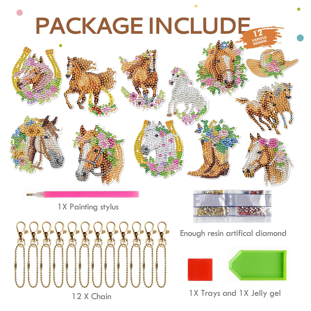 Keluna Diamond Art Horse Keychains - 12 Pcs Diamond Painting Keychains Kits, Western Cowboy Watercolor Flower Horse, DIY Key Chain Crafts Art Kits for Adult Keluna