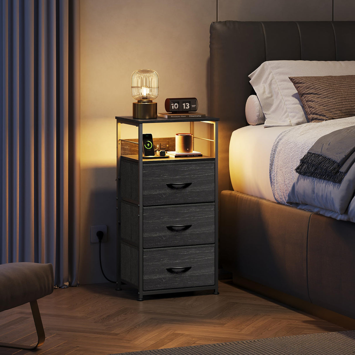 WLIVE LED Nightstand with Charging Station, Night Stand with 3 Fabric Drawers and Storage Shelf, Small Dresser for Small Space, 31.9" H Bedside Table for Bedroom, Charcoal Black Wood Grain Print WLIVE