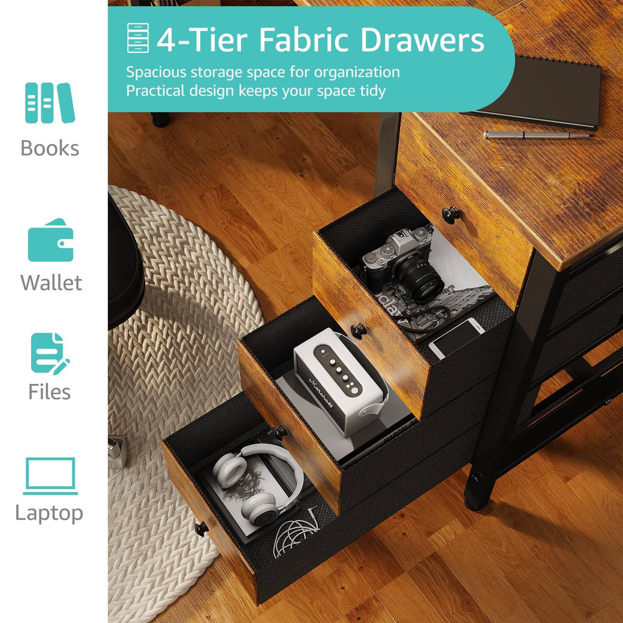 Lufeiya 47 inch Computer Desk with 4 Drawers & Storage Shelves, Writing Work Study Desk for Home Office Bedroom, Modern Simple Student PC Desks Table, Rustic Brown Lufeiya