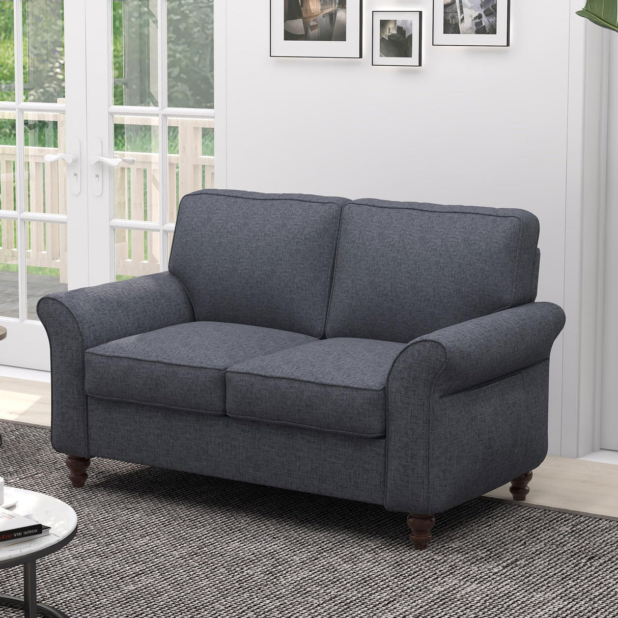 EBELLO Modern Linen Fabric Loveseat Sofa, Upholstered 2-seat Sofa Couch Wood Frame and Sturdy Legs for Living Room Bedroom Office, Dark Blue EBELLO