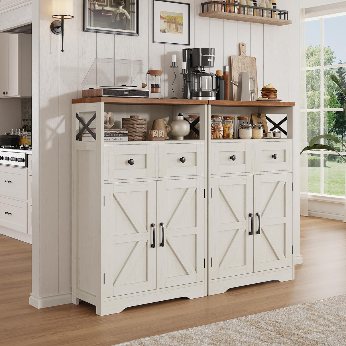 Befrases Set of 2 Farmhouse Storage Cabinet with Barn Doors and Drawers, Freestanding Kitchen Pantry, Floor Storage Cabinet Hutch Cupboard for Kitchen, Laundry, Living Room, White Befrases