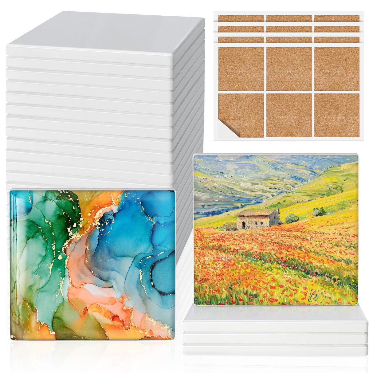 Ceramic Tiles for Crafts, GOH DODD 24 Pack Glossy Glazed Blanks White Coasters with Unglazed Side and 24 Cork Backing Pads for Alcohol Ink, Painting, Sublimation, Heat Transfer, Square, 4 Inch GOH DODD