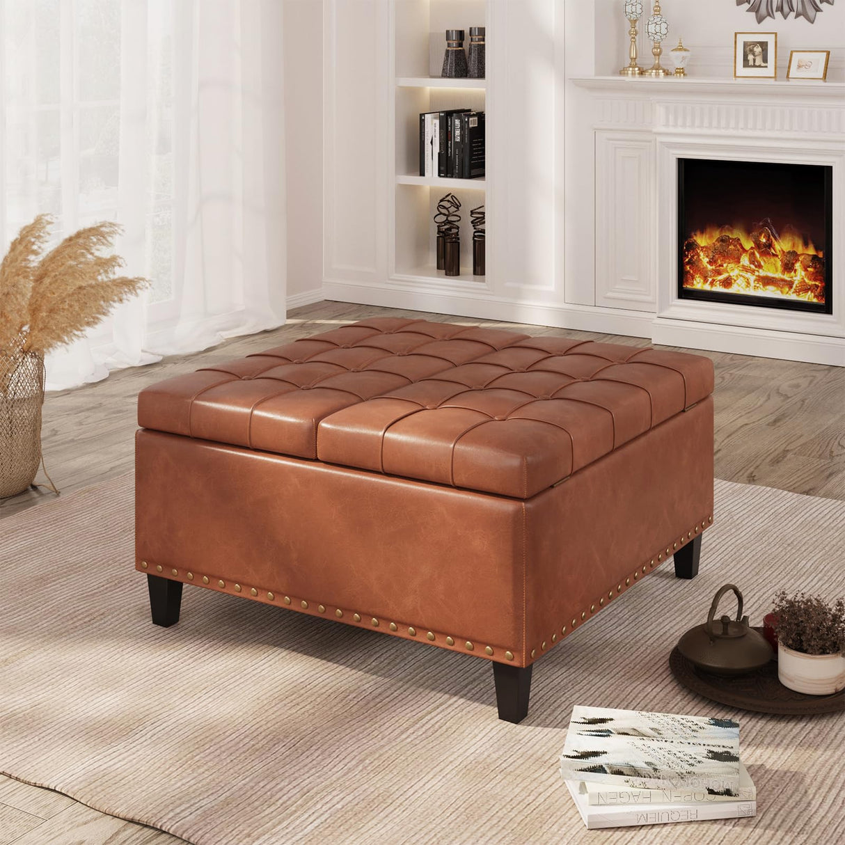 FiveWillowise Square Leather Ottoman with Storage, Leather Coffee Table Ottoman with Lift Top, Large Upholstered Footrest Stool Toy Box Storage for Livingroom Bedroom, Brown FiveWillowise