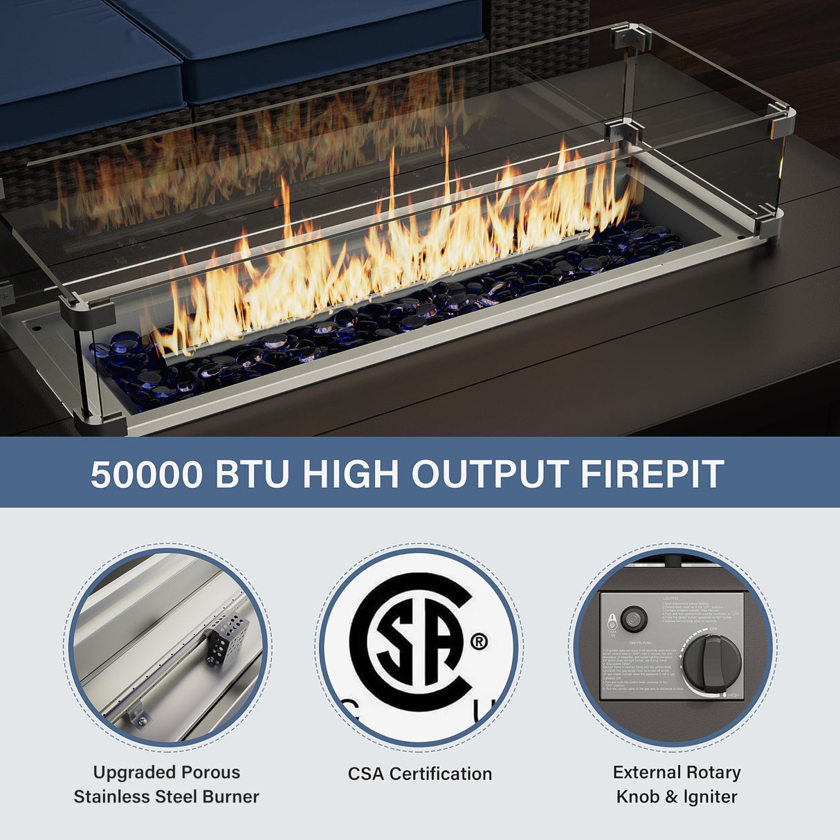 Kurapika 15 Pieces Metal Patio Furniture Set Modern Metal Outdoor Conversation Sets w/45in Propane Fire Pit Table, Patio Sectional Sofa w/5 Inch Cushion, Navy Blue Kurapika