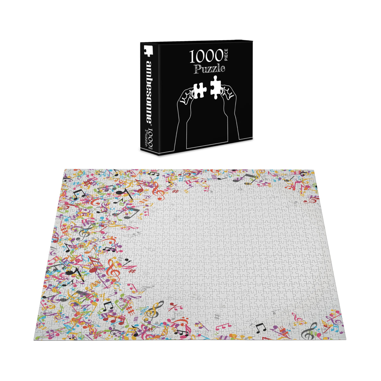 Ambesonne Music Jigsaw Puzzle for Adults, Colorful Musical Notes Frame Festival Singing Enjoyment Fashion Themed Print, Heirloom-Quality Fun Activity Durable Cardboard, 1000 pcs, White Multicolor Ambesonne