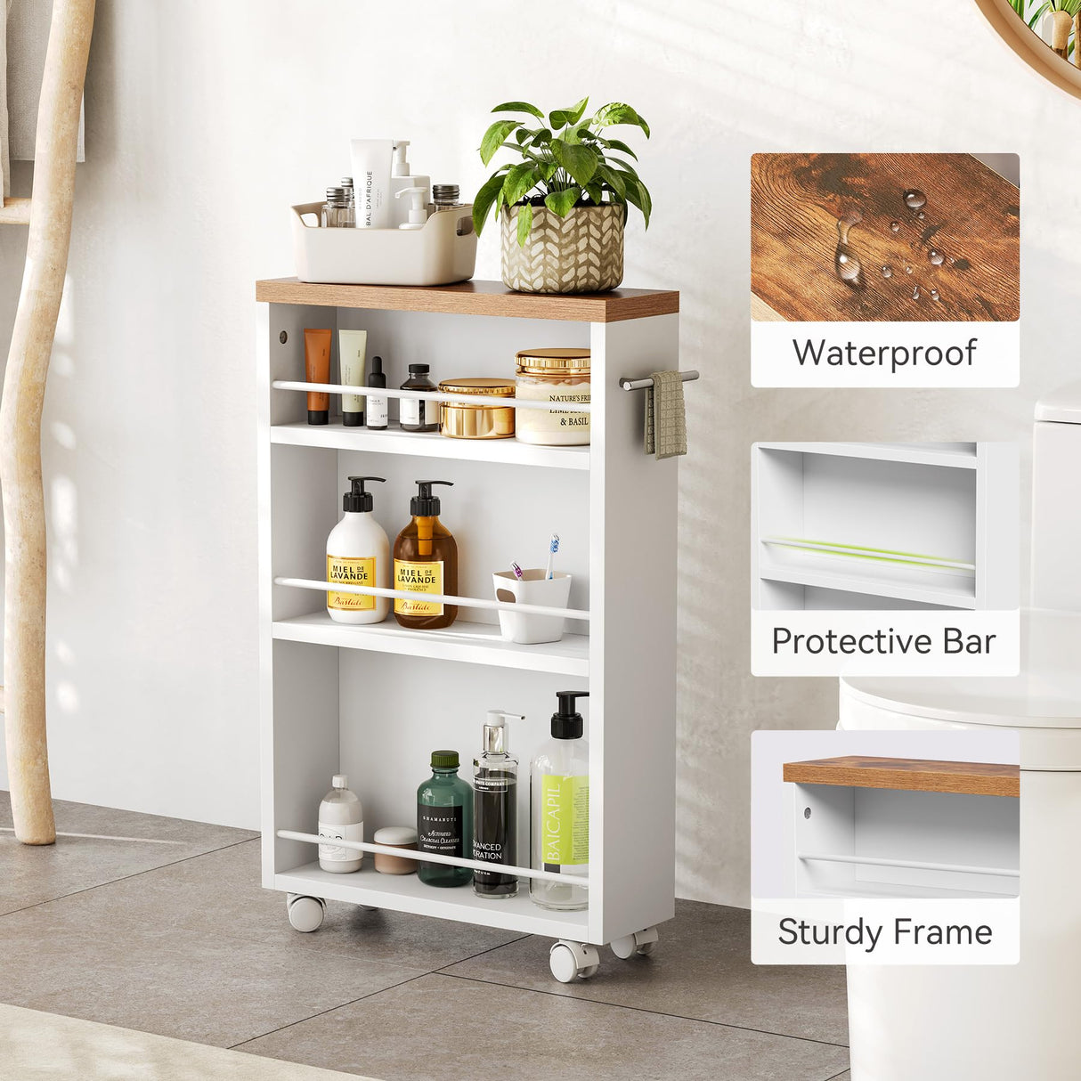 LITTLE TREE 4 Tier Rolling Cart with Wheels, 6.3 Inch Slim Storage Cart, Wooden Snack Cart with Narrow Shelf, White Laundry Room and Bathroom Organizer Shelves LITTLE TREE