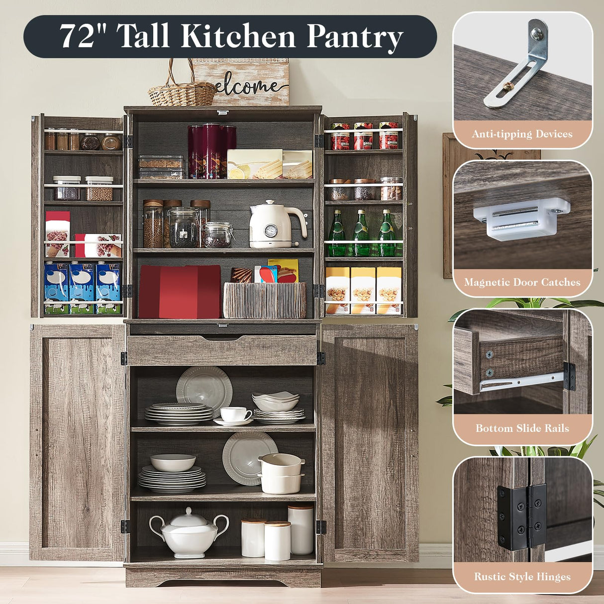 LUXOAK 72" Tall Farmhouse Kitchen Pantry with Rivet Barn Doors, Rustic Wood Cupboard Storage Cabinet/w Drawer & Adjustable Shelves for Dining Living Room, Bathroom & Hallway, Rustic Gray LUXOAK